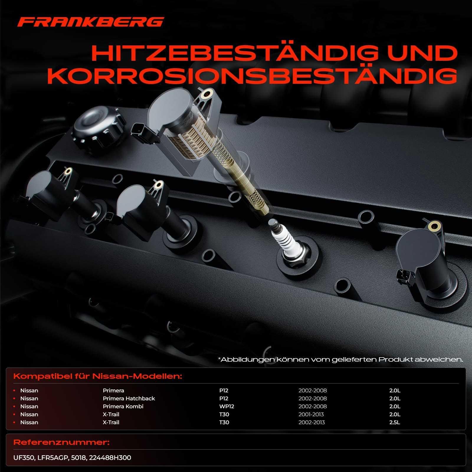 Frankberg Juego de 4 bobinas de encendido y bujías para gasolina 3 Polos | 224488H300; Compatible con: X-Trail T30, Primera Hatchback P12, Primera P12, Primera Kombi WP12