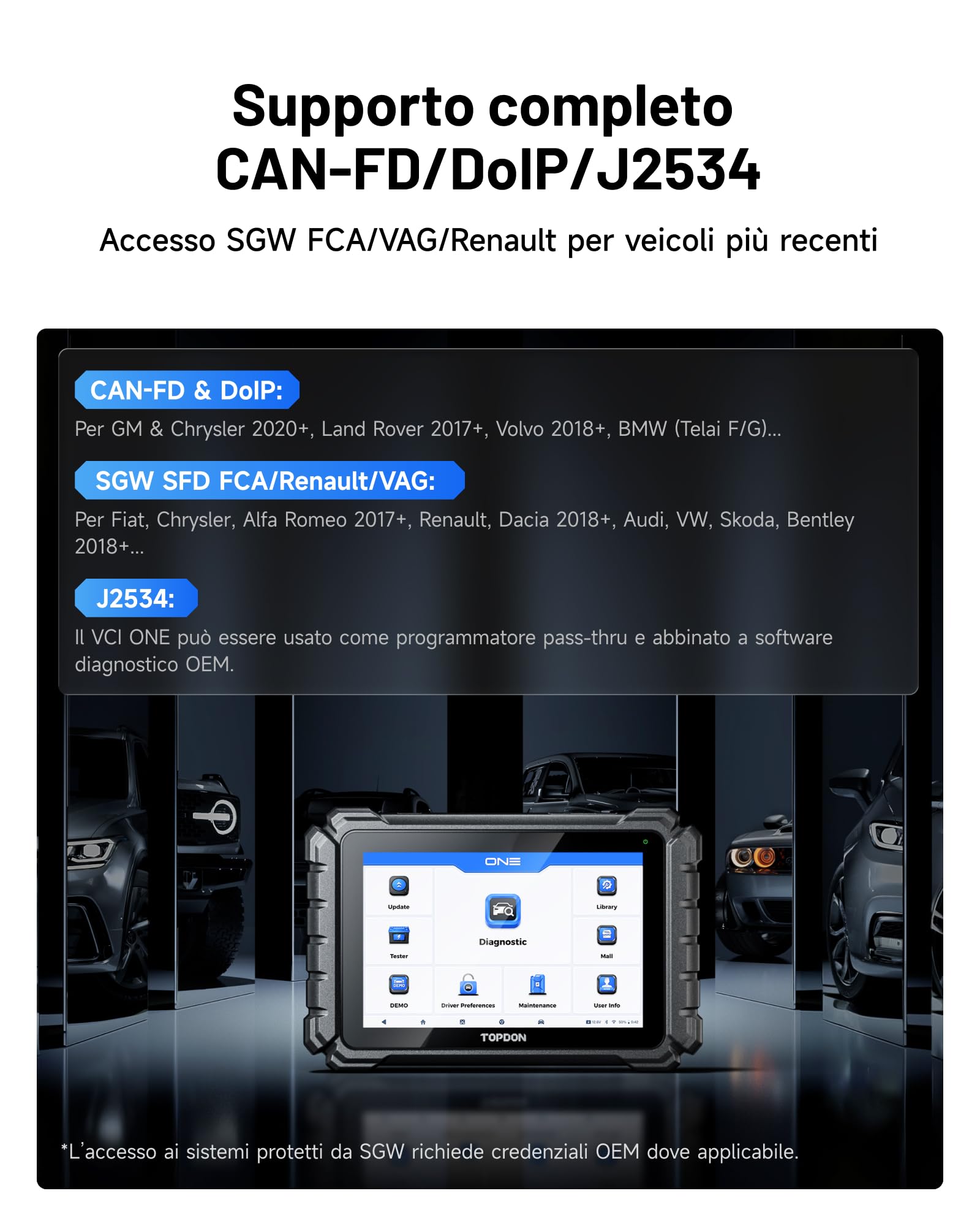 TOPDON ONE OBD2 Auto Diagnostica, Codifica ECU & Controllo bidirezionale, Mappatura topologia OE, J2534 Pass-Thru, 50+ Servizi, CAN-FD & DoIP, Accesso FCA/Renault/VAG SFD SGW, TopFix IA, 10,1 Pollici