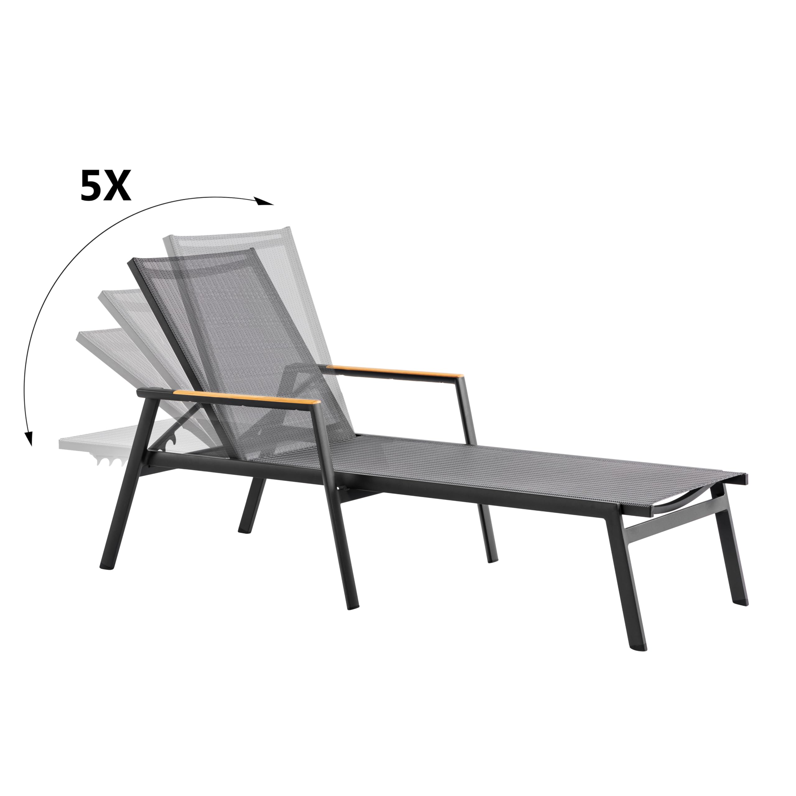 METRO Professional Tumbona Poza, Aluminio y Textileno, Reposabrazos de Teca, 5 Posiciones, 150 kg, Cómoda y Duradera