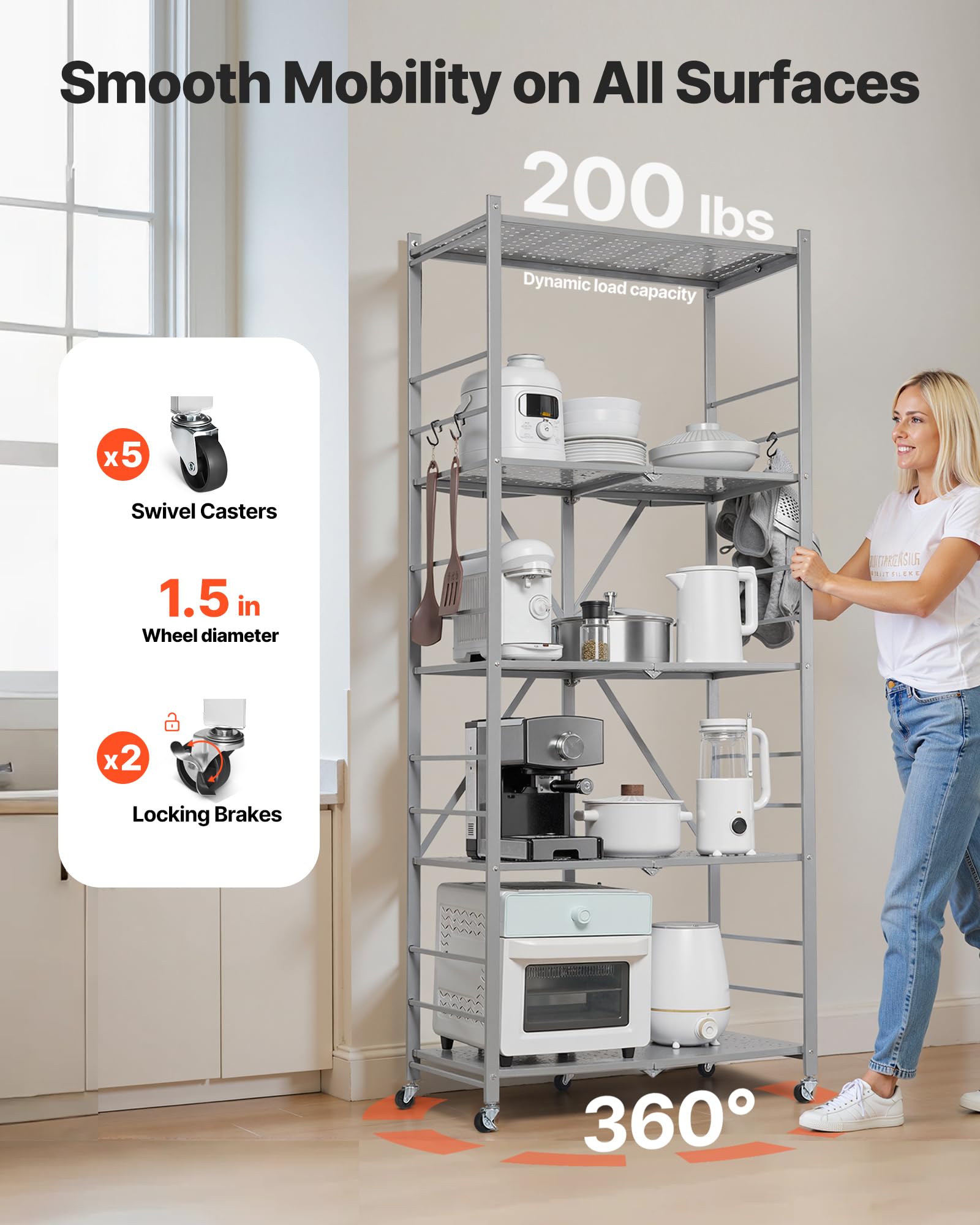 VEVOR Estante de Almacenamiento Plegable de 5 Niveles con Ruedas 81 x 36 x 183 cm Estantería Metálica Móvil Resistente, sin Necesidad de Ensamblaje, Organizador para Garaje, Cocina, Sótano, Gris