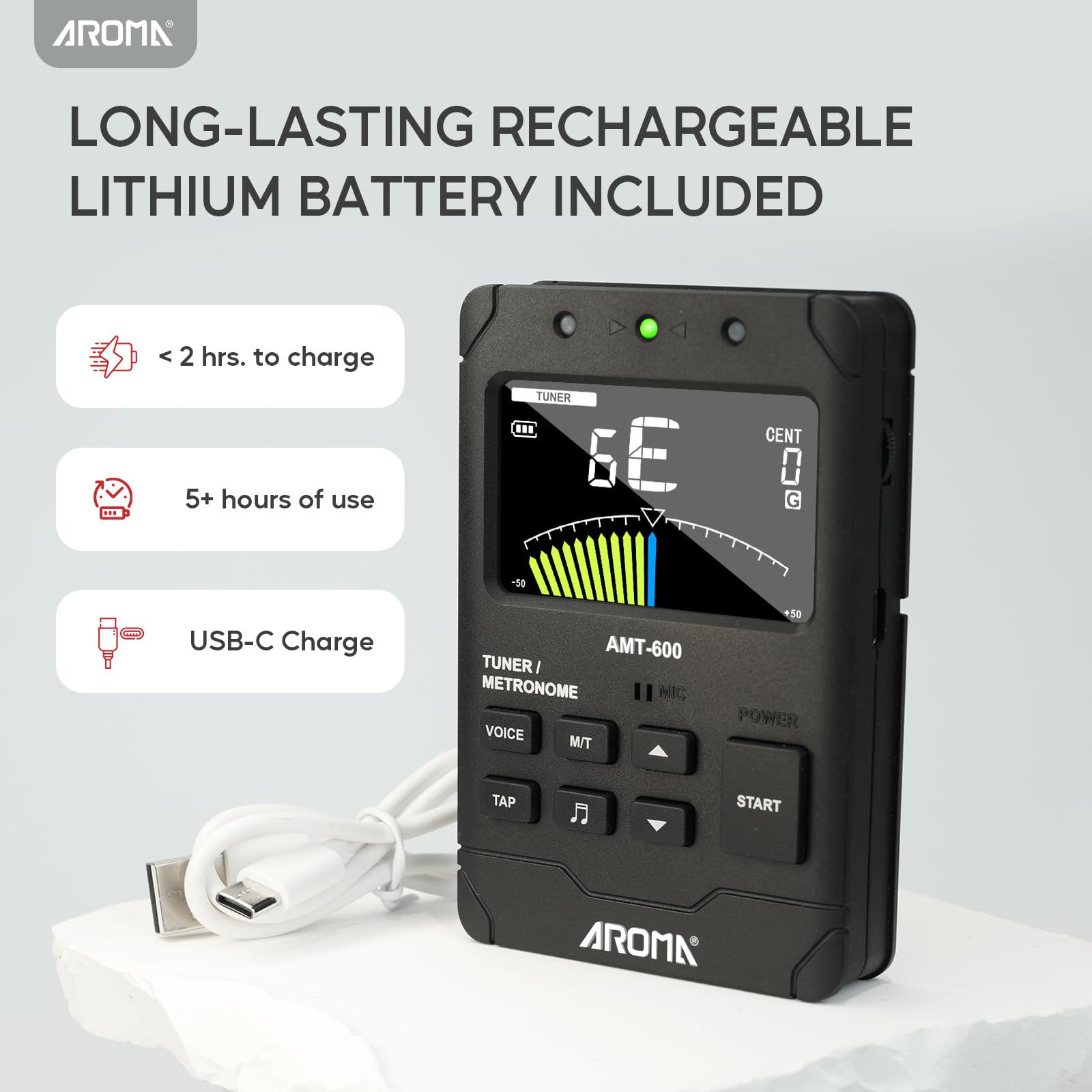 Aroma Metrónomo Digital Afinador Recargable para Todos los Instrumentos con Modos de Afinación para Guitarra, Bajo, Violín, Ukelele, Cromático e Instrumentos de Viento