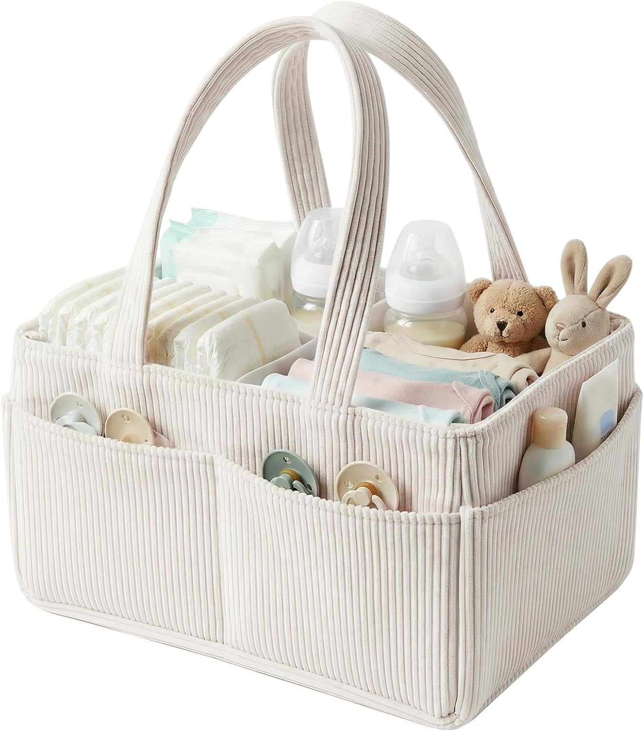 Organizer per pannolini per bambini, in velluto a coste, portatile, con manico e tasche, pieghevole, per biberon, articoli essenziali per neonati, regalo per la doccia e la cameretta (beige)