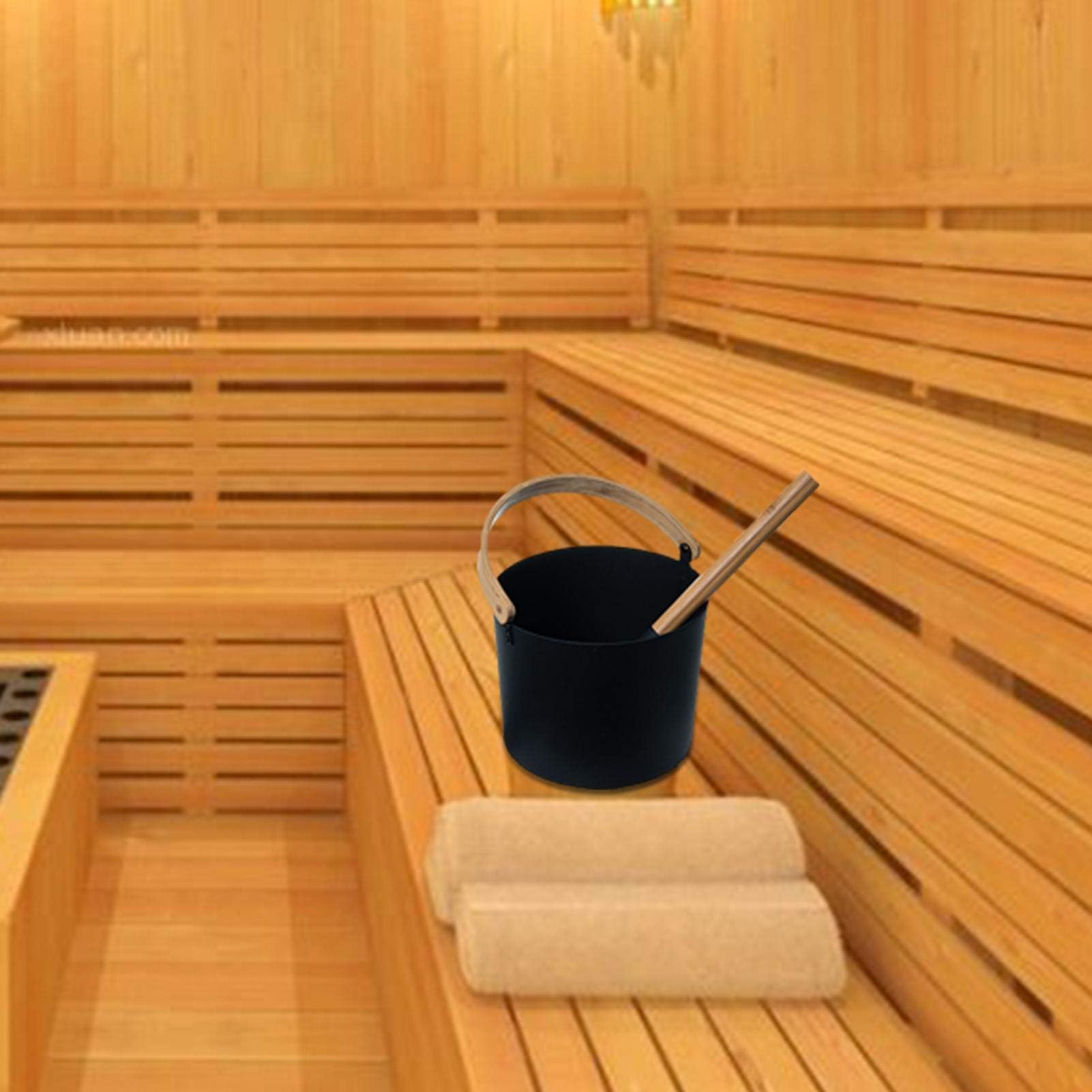 Seau de Sauna de en Aluminium avec Manche Long en Bois 7 l, Noir