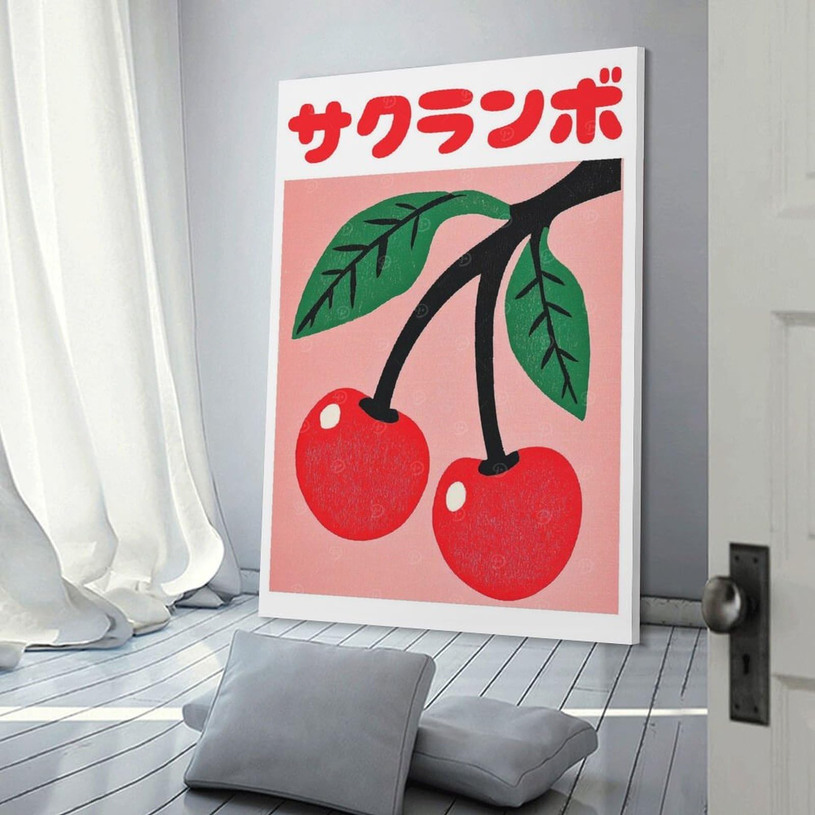 Junmoney Cherry Retro Japanese Art Print Canvas Wall Art, 20x30inch(50x75cm), for Workspace Walls, Study Corners Or Bedrooms, An Interior Accent for Desk Areas