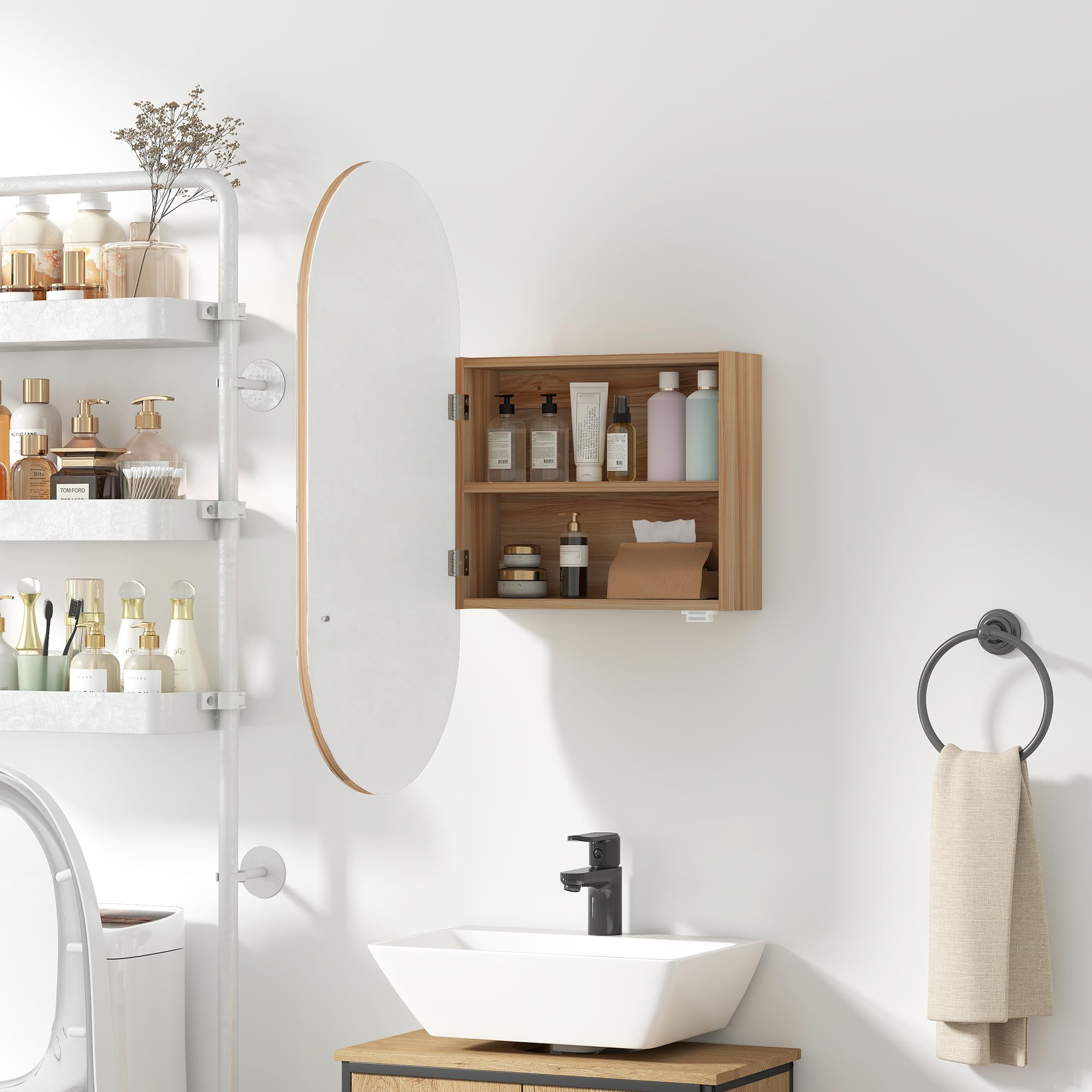 HOMCOM Mueble de baño con Espejo Ovalado, 45 x 90 cm, Muebles de baño Modernos, diseño sin Marco, Espejo con almacenaje, Madera Natural
