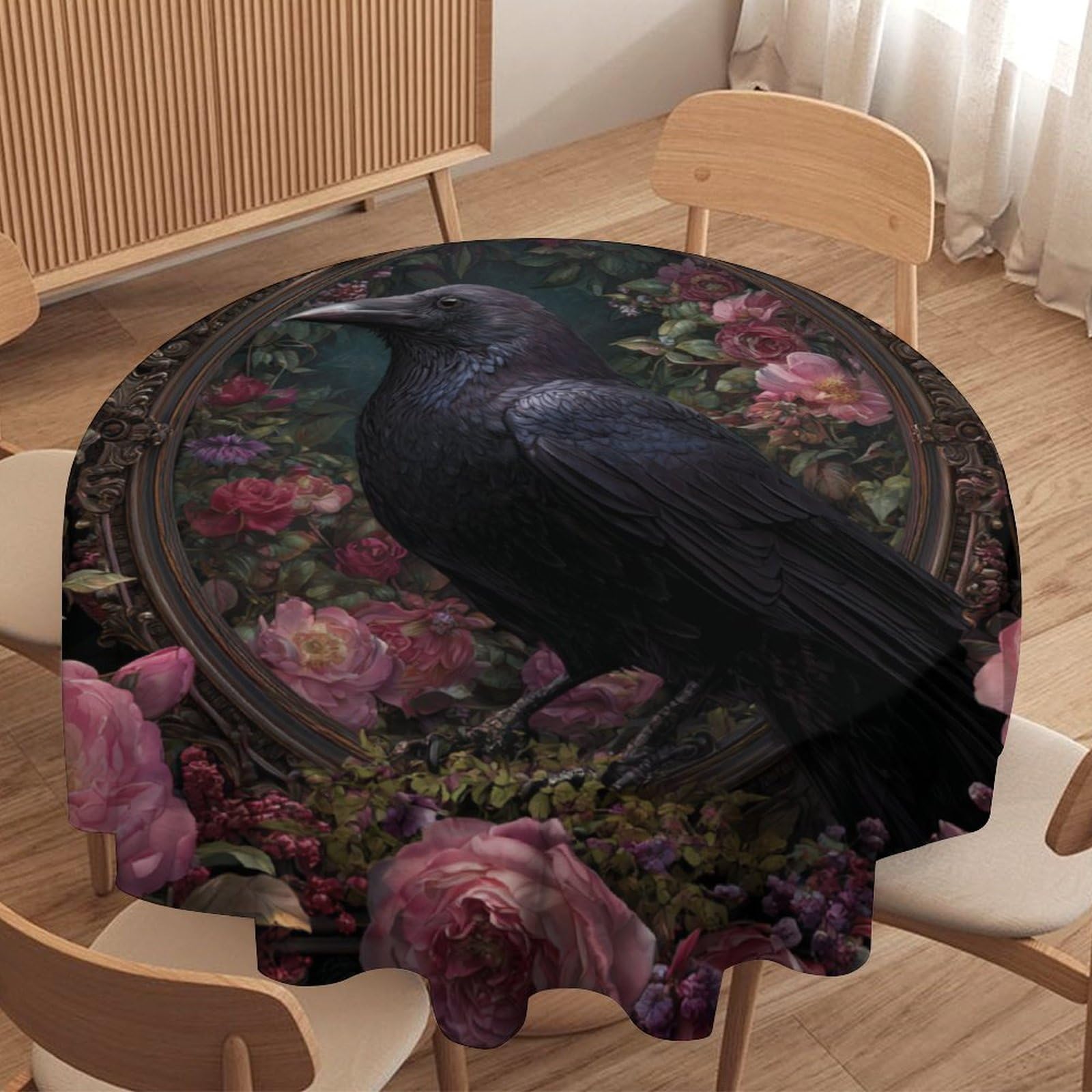 LUYYSKY Classic Oil Painting Animal Raven Round Tablecloth Oil Painting Gothic Plant Roses Floral Pattern Washable Decor for Table Cover for Kitchen-127 Wx127 L cm