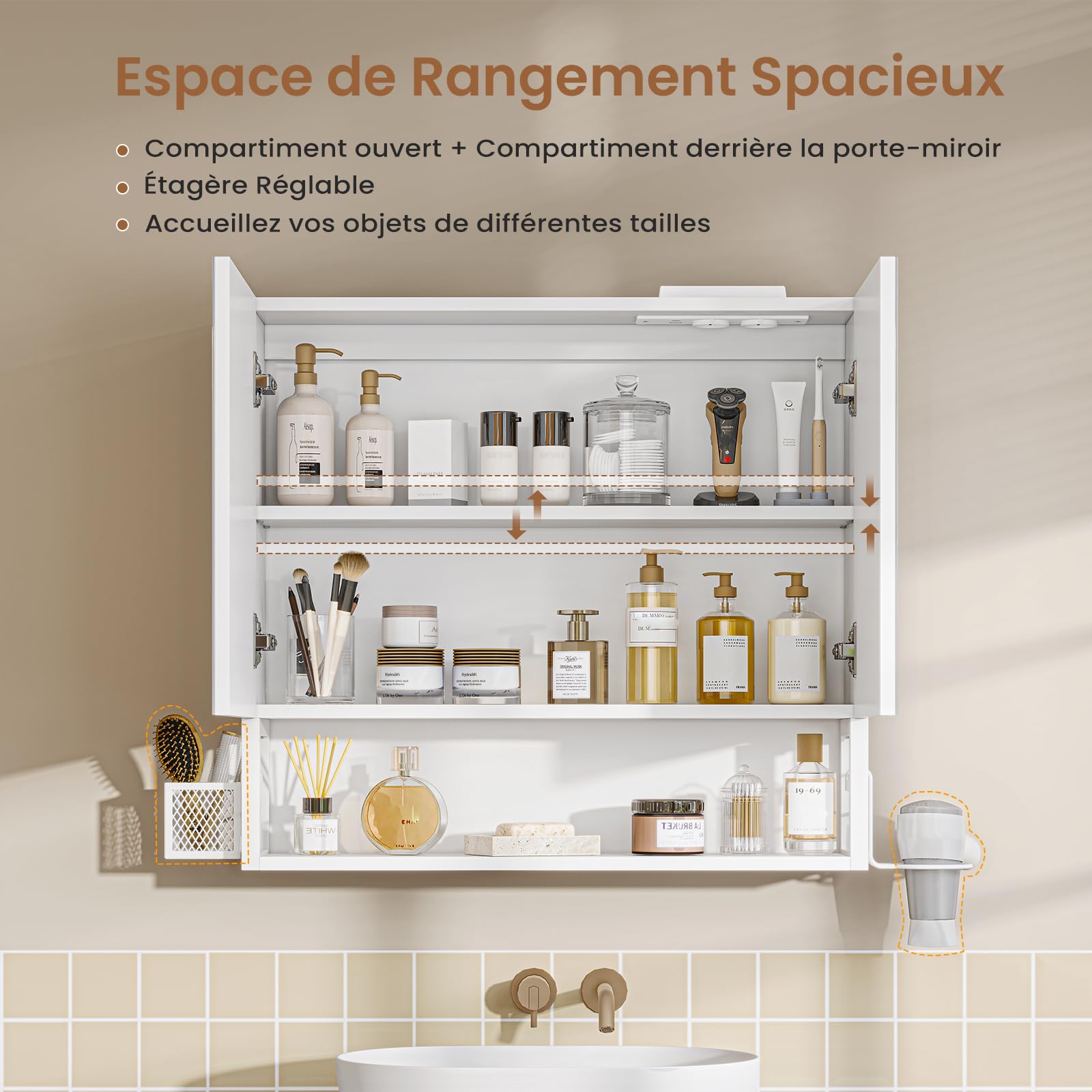 Armoire Murale Salle de Bain avec Éclairage LED et Prises, Armoire de Toilette Miroir avec Étagère Réglable, Température de Couleur Réglable, Meuble de Salle de Bain 60x16x60cm, Blanc