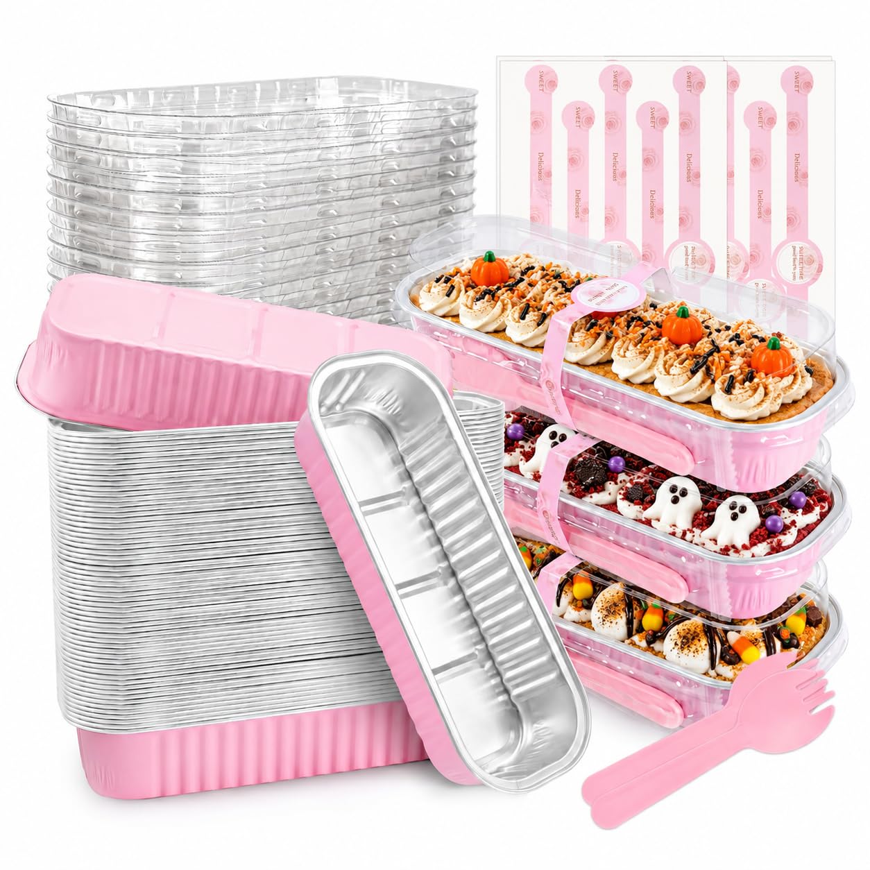 NPLUX 6.8oz Disposable Mini Loaf Pans with Lids 50 Pack Pink for Halloween