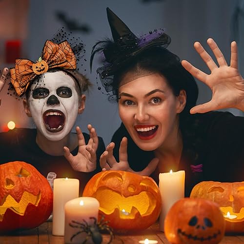 Miniatura 4 de Diadema de lazo de Halloween con diseño de calabaza con diseño de malla Headands Ornage para Acción de Gracias, fiesta de Halloween, accesorios para