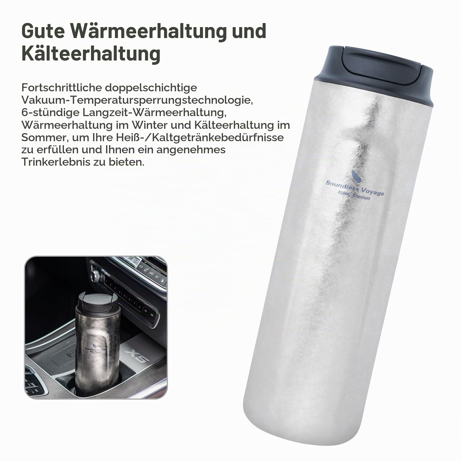iBasingo 450ml Titan French Press Kaffeeflasche Doppelwandige Isolierte Vakuum Thermoskanne Becher Tragbare Tee Wasserflasche Outdoor Auto Reisebecher mit Deckel Ti3255D