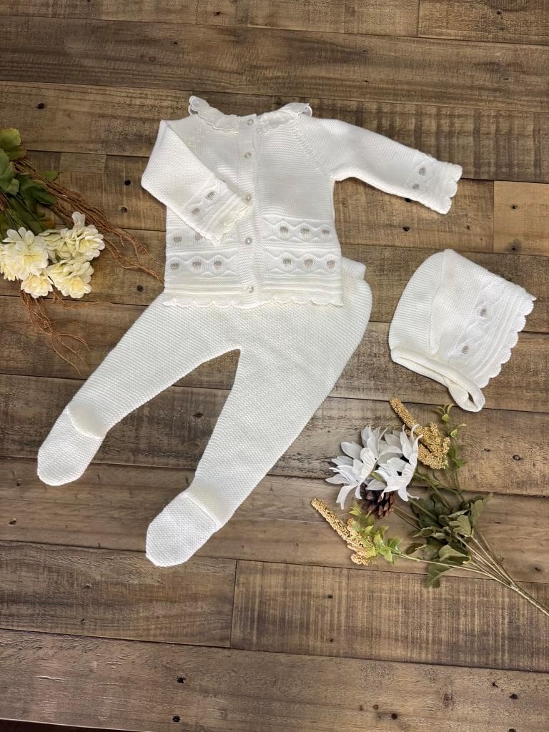 3-piece Baby Long Sleeve Sweater Pants Hat Set Boys Girls Newborn Knitted Coming Home Outfit - Made in Spain