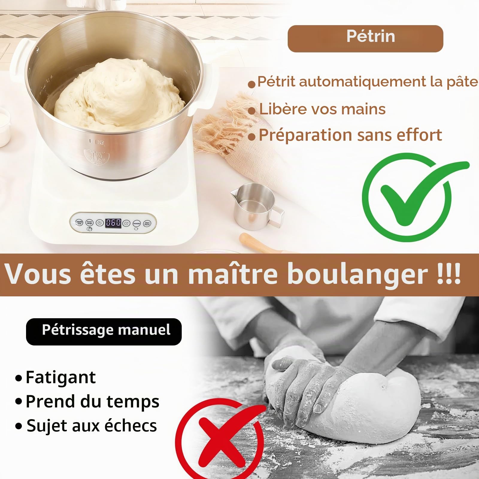 Pétrin à pâte en acier inoxydable 7 L Grand volume avec fonction de fermentation thermostatique (25-38 °C), pétrisseur automatique avec lame de coupe pour la cuisson à la maison