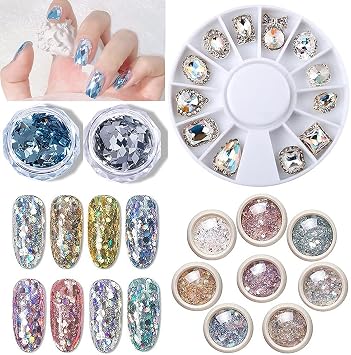 10 Box Chunky Glitter Nail Flash Nail Powder 12Pcs 3D Luxury Clear Shining Diamond Rhinestone Nail Art Decorations Flake Mixed Paillette Sequins Mixed Colors B, 10 Boxes & 12 Rhinestones