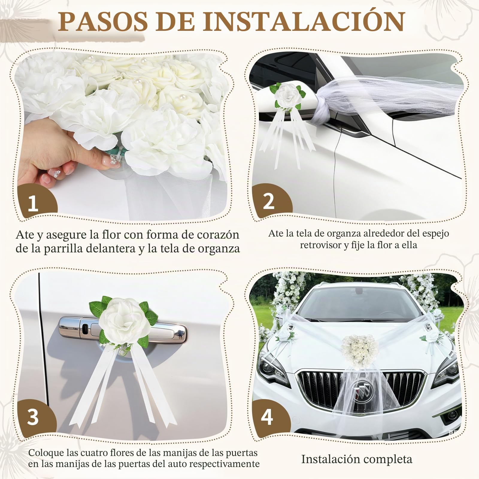 Decoración para Coche de Boda en Forma de Corazón, Set con 1 Guirnalda Corazón, 4 Flores para Manijas, 2 Cintas de Tul (1,8m), etc. – Para "Just Married", Despedida de Soltera y Ceremonia