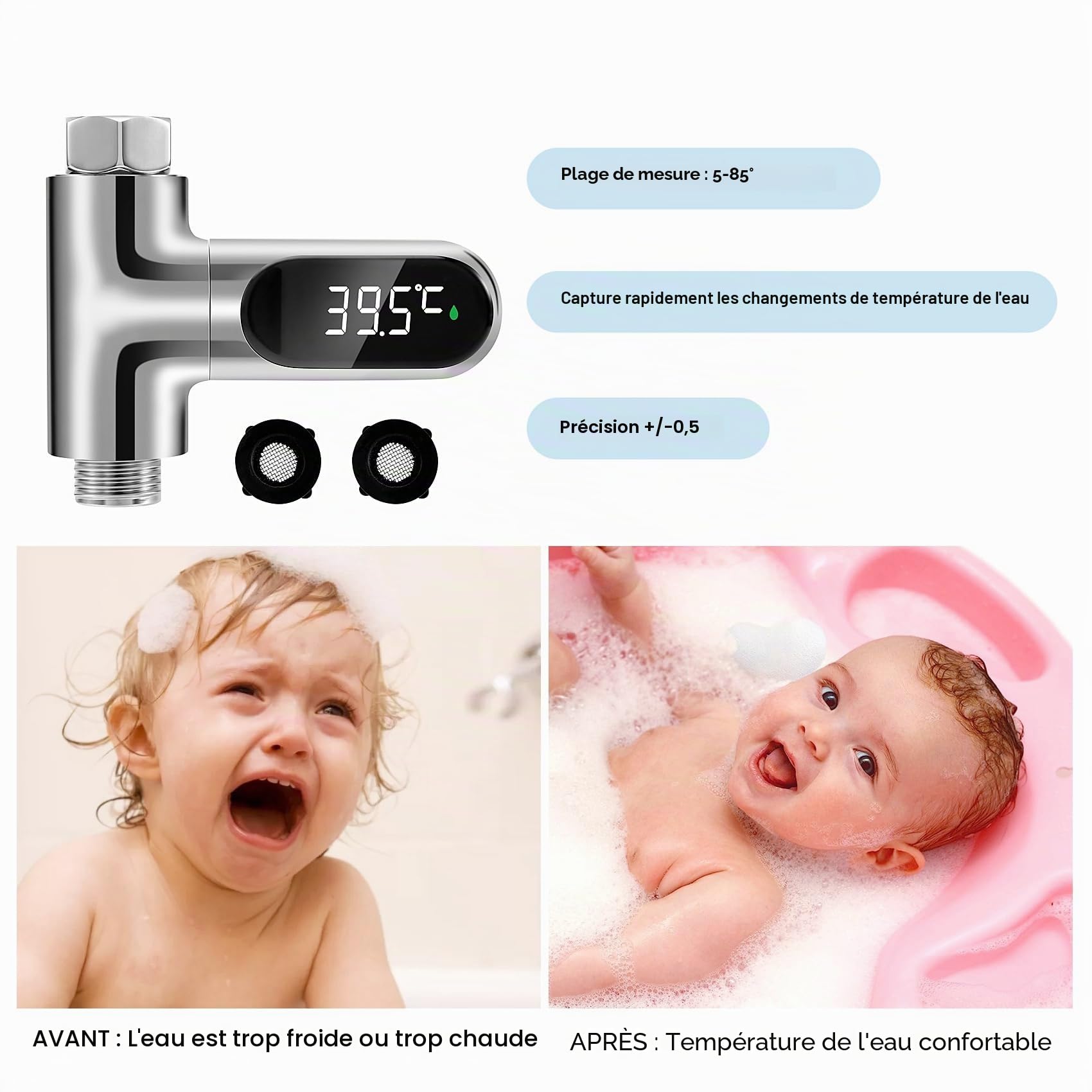 Thermomètre de bain pour - Affichage LED - Débit d' - Thermomètre de douche auto-générateur - Pour le soin de