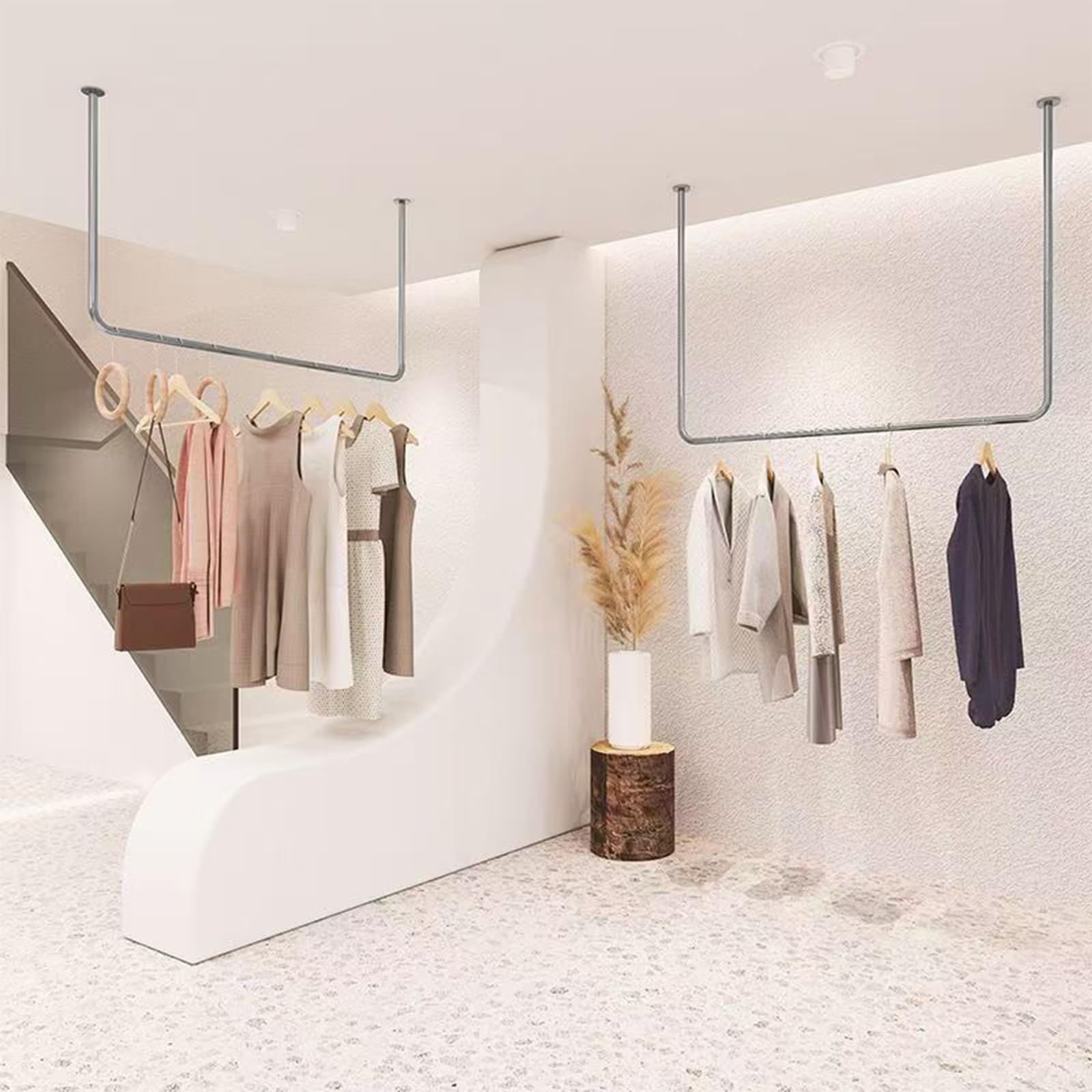 Sklep odzieżowy stojak sufitowy wieszak sufitowy, sprzedaż detaliczna kreatywne półki do przechowywania ubrań ze stali nierdzewnej wieszak na ubrania, butik sklep z ubraniami suknia ślubna
