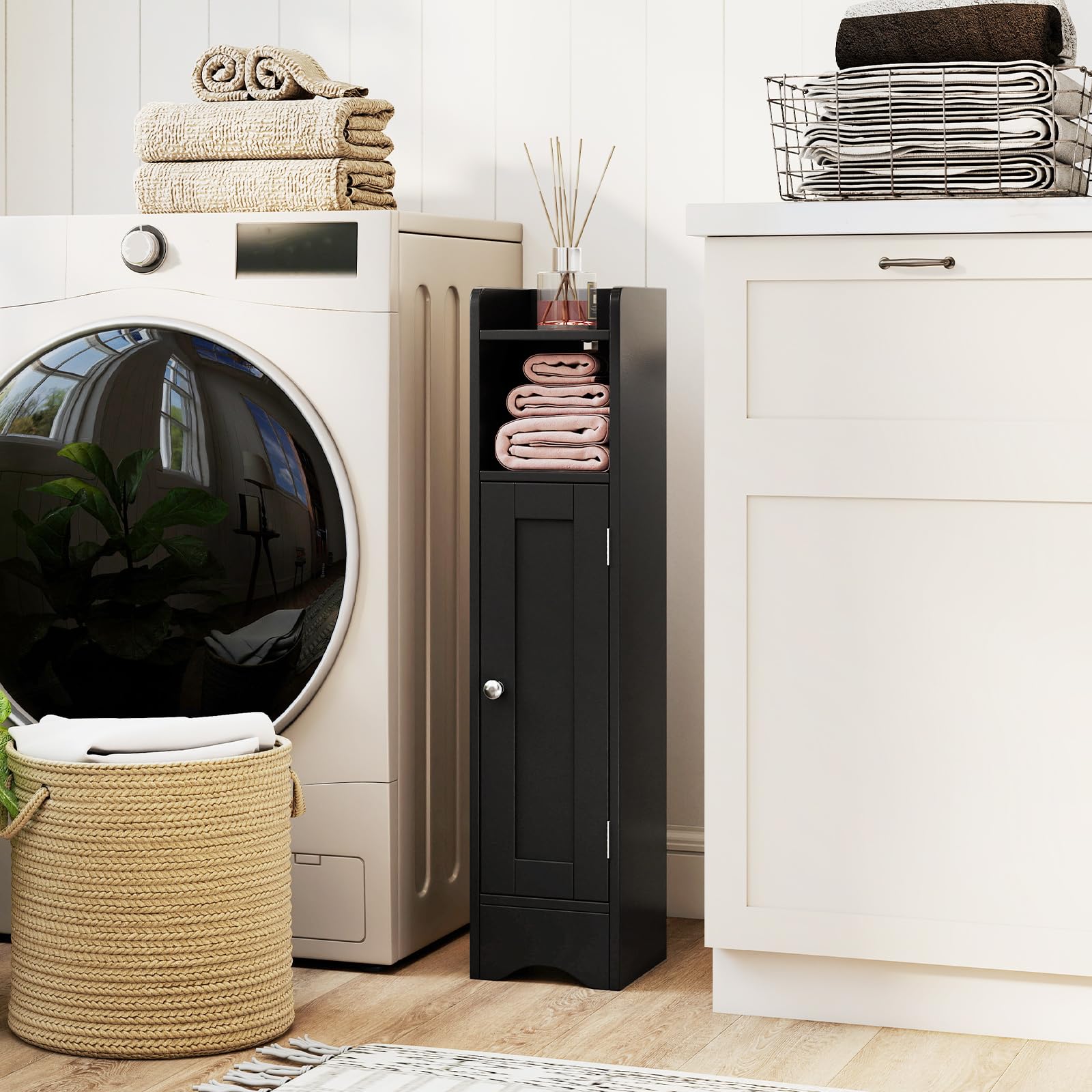 GIANTEX Armario Estrecho de Baño con Puerta, Mueble Organizador para Papel Higiénico con 5 Estantes de Almacenamiento, 2 Estantes Ajustables, 18 x 19,5 x 80 cm, para Salón, Lavandería (Negro)