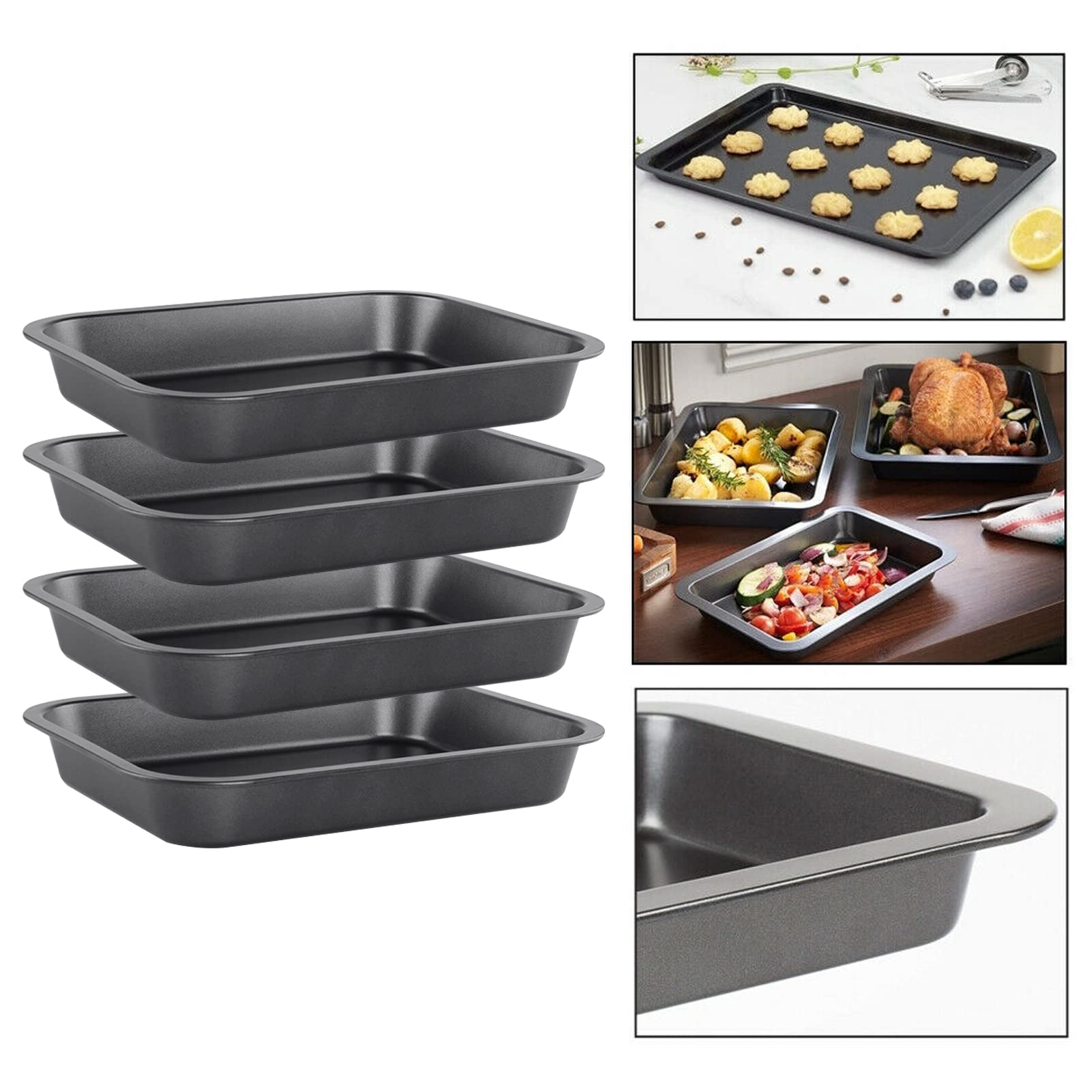 Juego de 3 bandejas antiadherentes para horno de acero al carbono, resistentes y de color negro