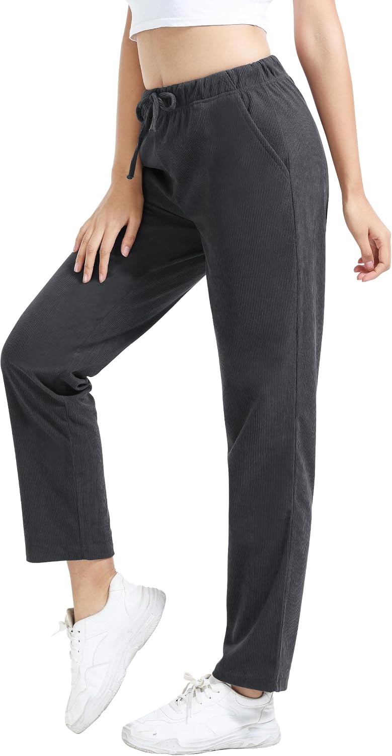 COZZIPLUS Women's Corduroy Pants Elastic Waist Drawstring Sweatpants Straight Leg Pull on Vintage Pants with Pockets