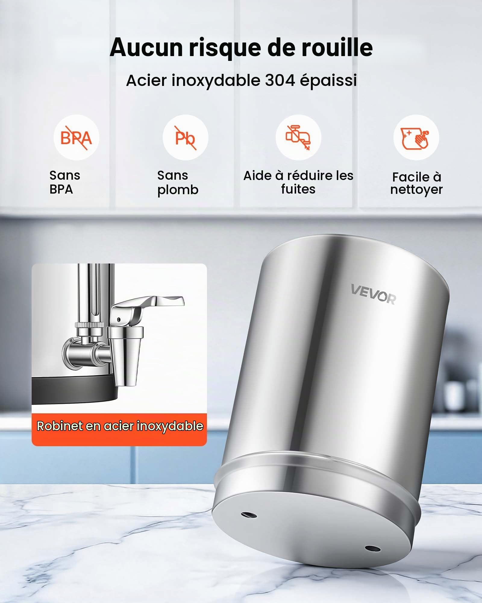 VEVOR Système de Filtration d'Eau par Gravité 5,68 L Filtre à Gravité Inox, Pour Camping, Fontaine Filtrante Réduction du Plomb et Jusqu'à 99% du Chlore, 2 Cartouches à Charbon, Jauge de Niveau d'Eau