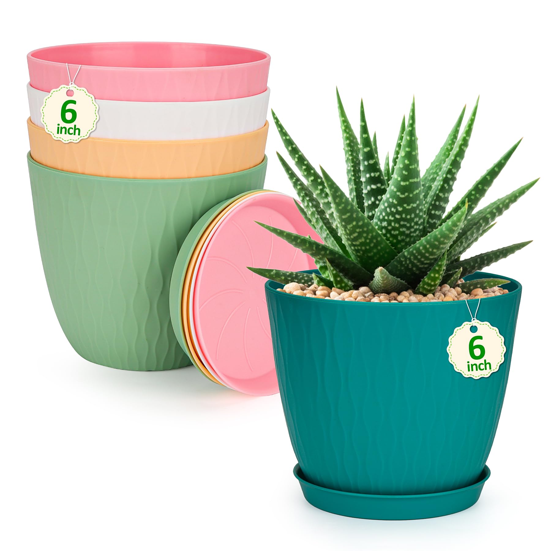 CSYY Plant Pots Indoor, Plastic Planters with Drainage Holes and Saucer, Decorative Stripe Grooves Flower Pots for Indoor Outdoor Houseplants (Colorful, 6in) โ image 1