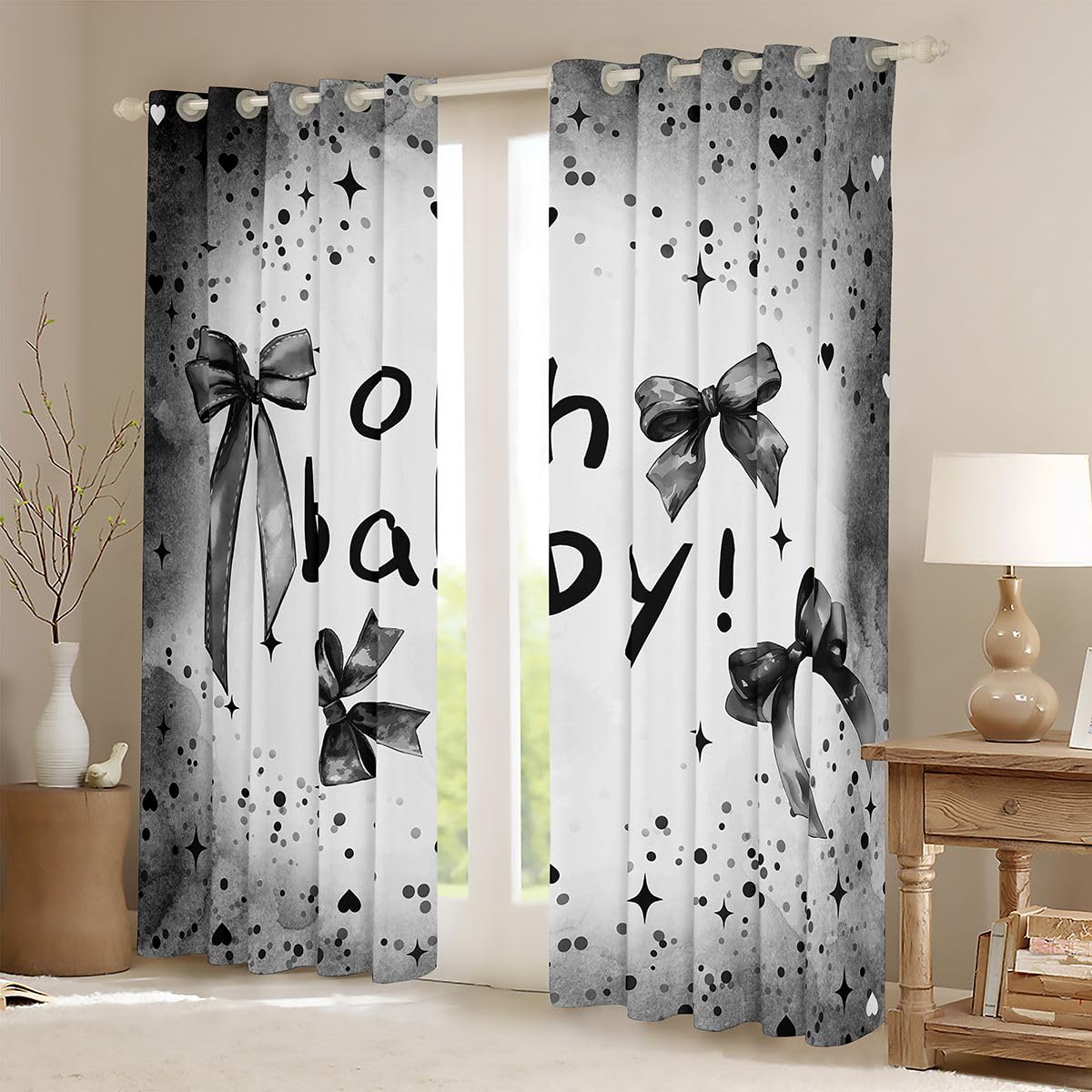Homewish Zasłony okienne dla niemowląt, 168 x 229 cm, 2 panele – szara wstążka z węzłem kokardkowym, zasłony zaciemniające, romantyczny wzór serca, zasłony okienne, dekoracja urodzinowa, marzycielska