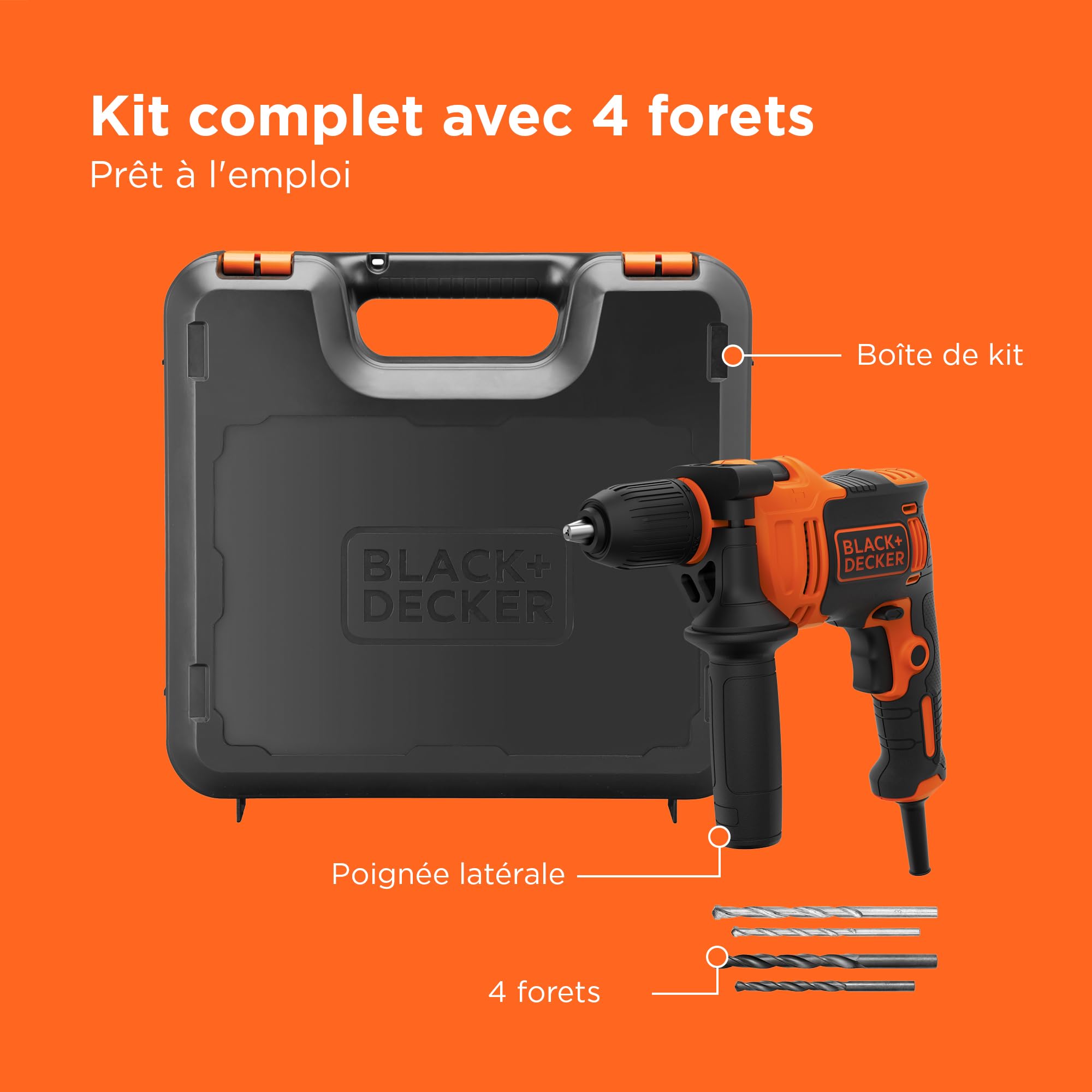 BLACK+DECKER Perceuse à percussion filaire haute performance de 710 W, 0-2800 tr/min, avec 4 forets et boîte de kit, BEH710K-QS