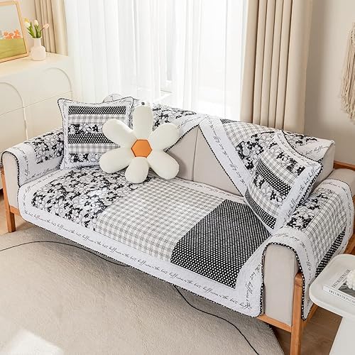Miniatura 3 de vctops Funda de sofá de algodón suave con diseño de retazos, estilo granja, antideslizante, acolchada, para sala de estar, lavable, protector de