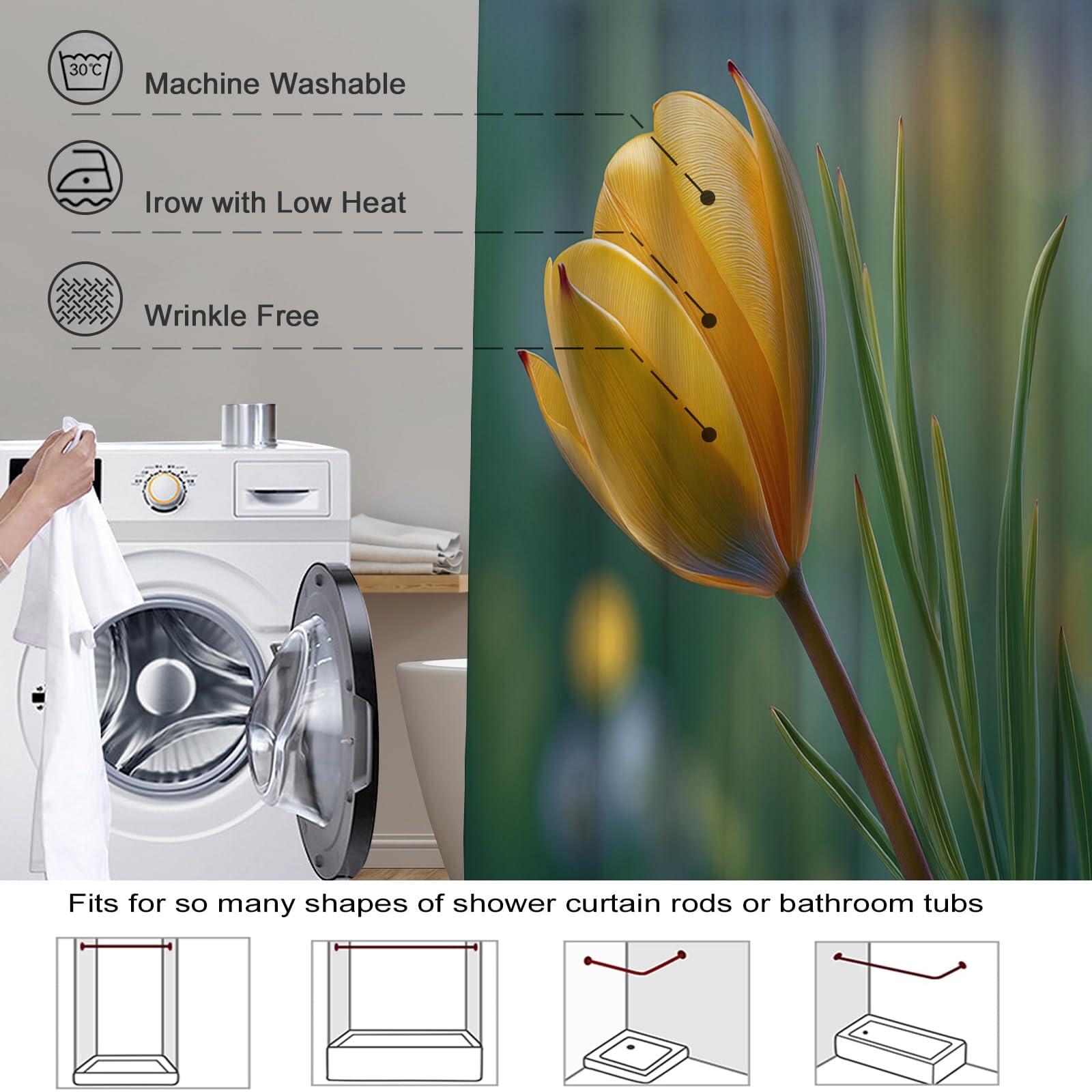 Rideau Douche,Rideau Baignoire Lavable en Machine Rideaux Douche Tissus Lavable Rideau De Baignoire Lavable pour Salle De Bain Domicile Baignoire Famille,Prairie De Tulipes,