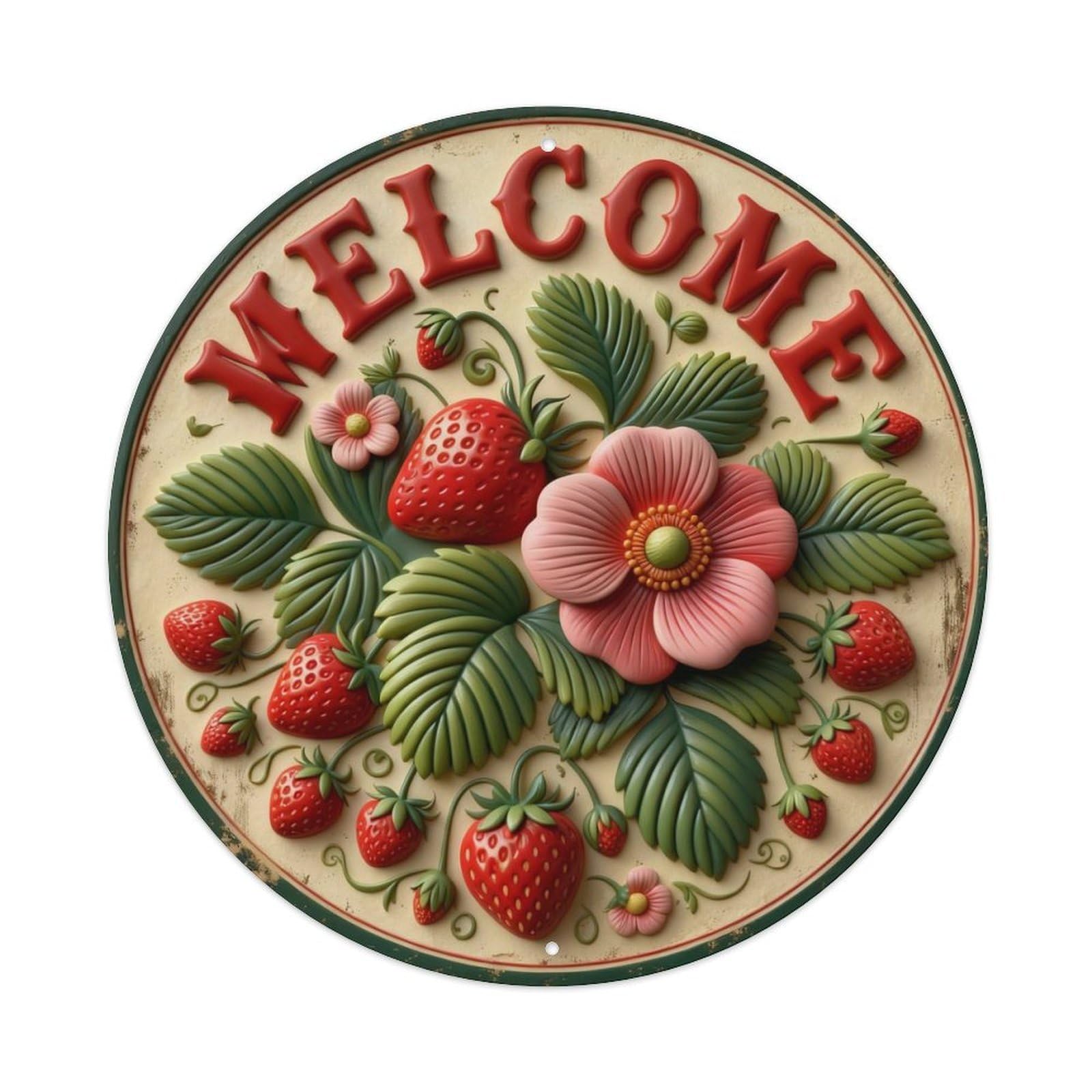 Zlatcbu Vintage Strawberry Floral Welcome Plaque Metal Tin Sign Retro Wall Art Poster, Decor For Home Living Room Bar Cafe Garage, 8X8 Inch