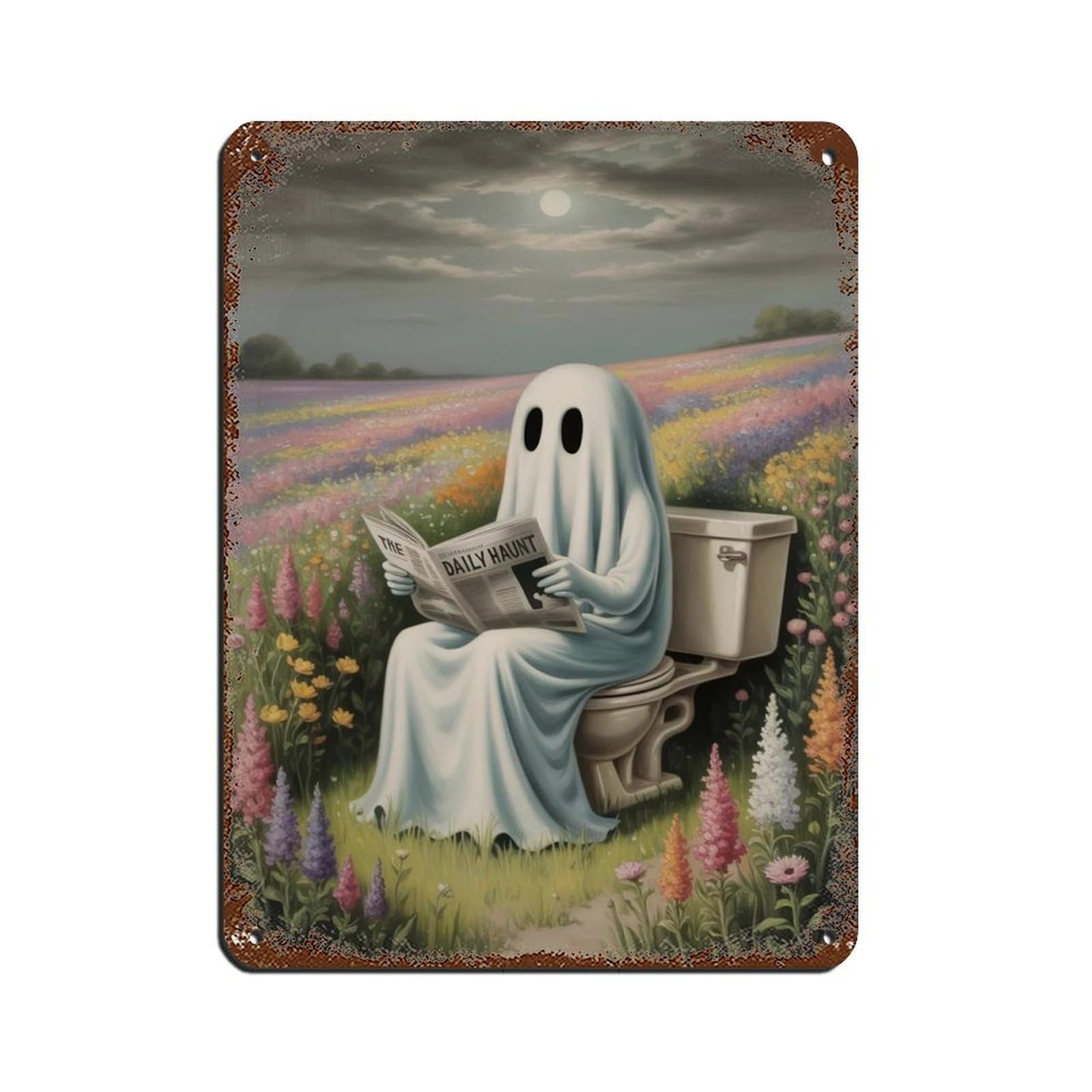 Ghost Reading A Newspaper with Flowers Poster (2) Retro Poster Metal Tin Sign Chic Art Retro Iron Painting Bar People Cave Cafe Family Garage Poster Wall Decoration 12x16inch(30x40cm)