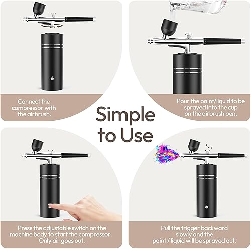 Miniatura 9 de Kit de aerógrafo con compresor 30PSI pistola de aerógrafo portátil recargable de mano inalámbrico cepillo de aire para uñas, arte, pintura,