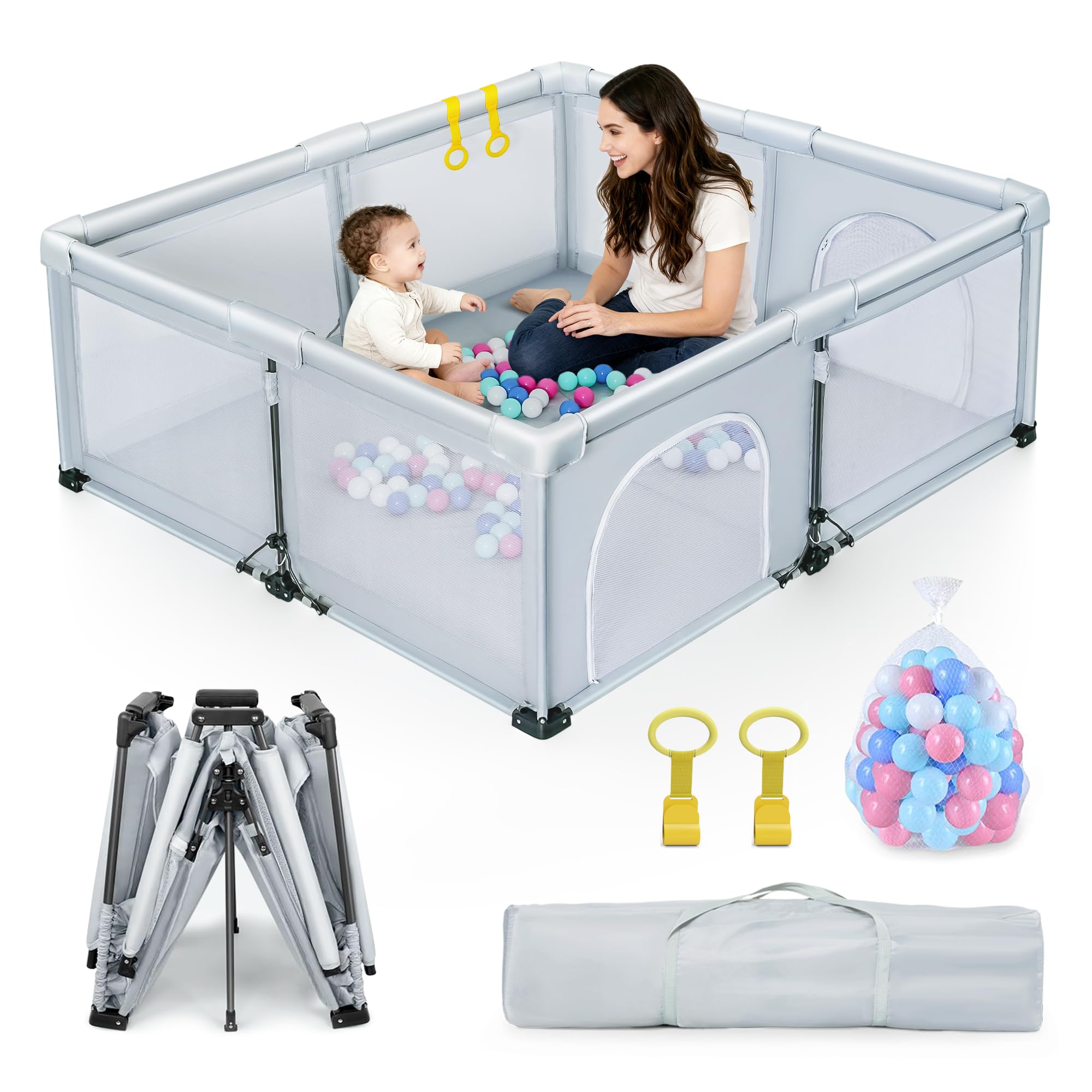 Foldable Baby Playpen 50X50 in, Foldable Playpen for Babies and Toddlers, with 50 Balls & 2 Handlers,Indoor&Outdoor Portable Play Pen. Quick Installation & Folding Baby Play Pen