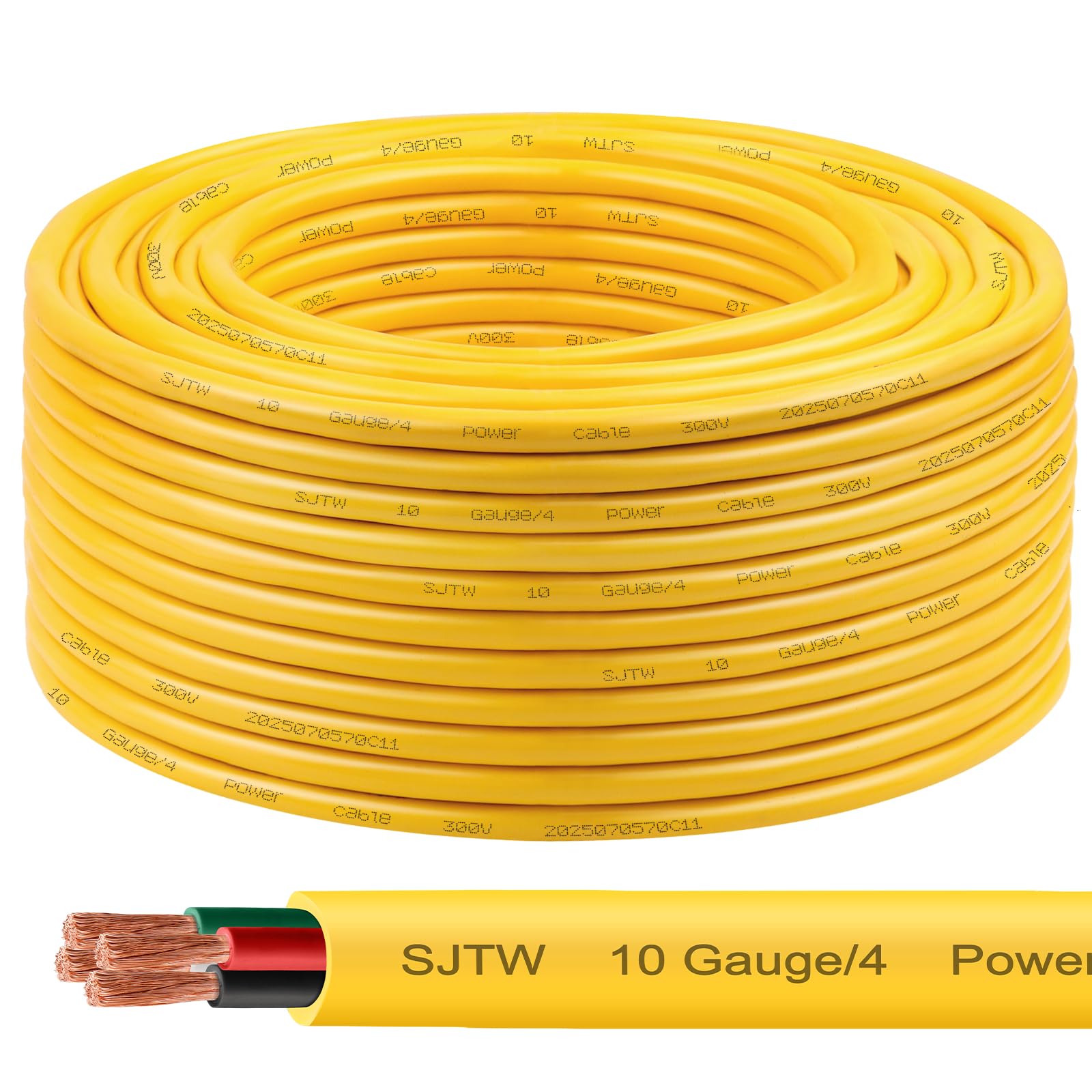 10/4 SJTW Yellow Wire 100 Feet - 10 AWG 4 Conductor SJTW Cable with UV-Resistant Jacket for Motor Leads, Battery Chargers and Machine - 100 ft