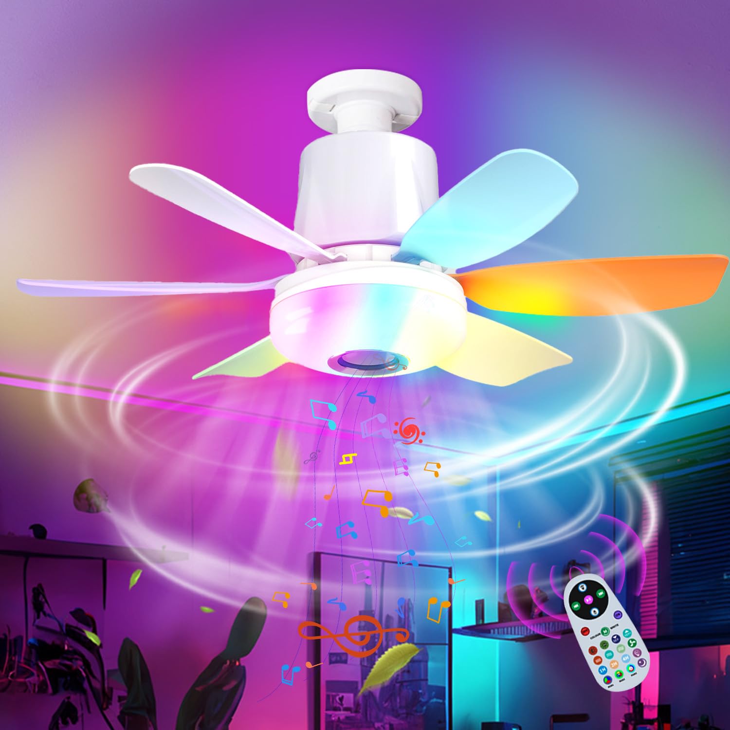 Lights Bulb Ceiling Fan with Bluetooth Speaker and Remote RGB Music White Dimmable Led Fan Light for Bedroom 32W E27 Base 3 Colors 3 Speeds Screw In Ceiling Lamps Socket Fan UK (Base Not Included)