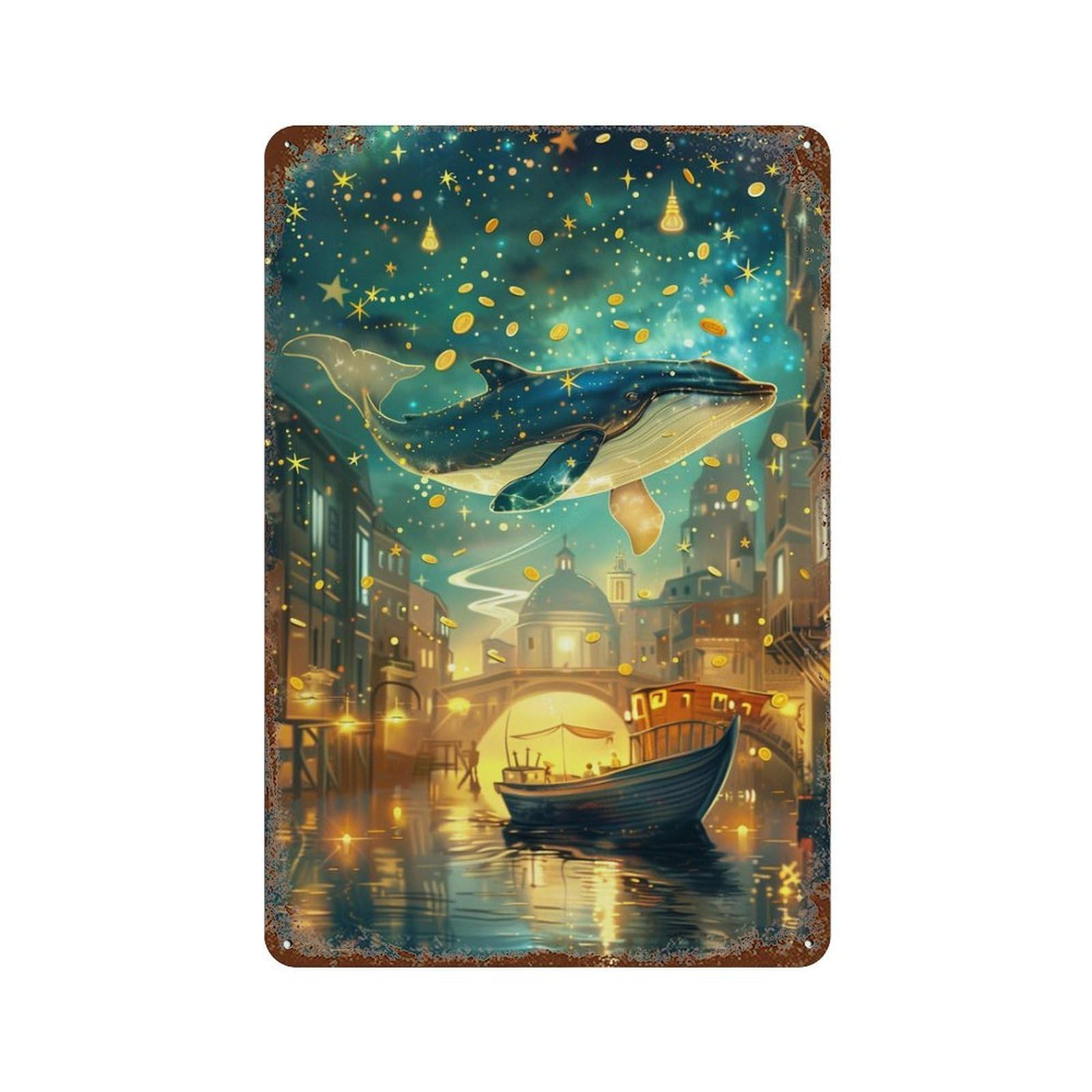 Decorative Tin Sign with Whale in Fantasy City Design 11.8"x7.9", for Farmhouse, Kitchen And Entryway Decor, Decorative Metal Wall Art