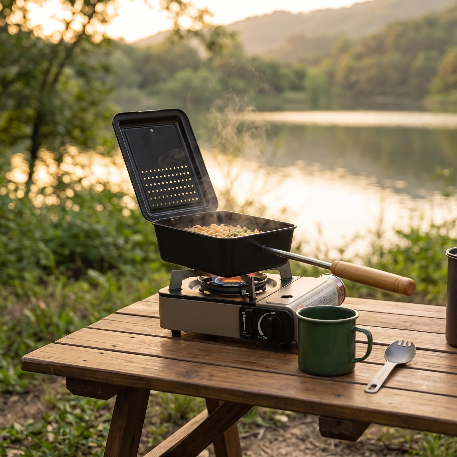 MERIGLARE Poêle à Frire Camping avec Couvercle Haché Poêlon en Fer avec Revêtement Antiadhésif et Poignée en Hêtre Plat Cuisson Portable avec Sac Rangement Adapté aux Camping
