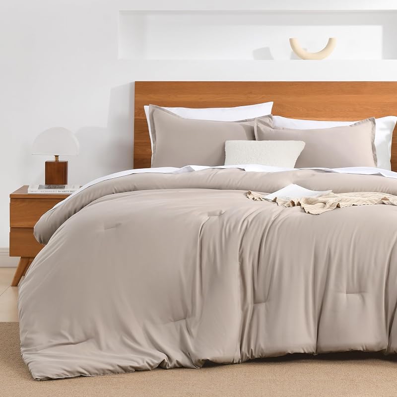 Oatmeal Cal King Comforter Set - 7 Pieces Bed in a Bag | Cal King Solid Soft Lightweight Summer Comforter Bedding Sets with Fitted Sheets, Flat Sheets, Pillowcases & Shams image 2