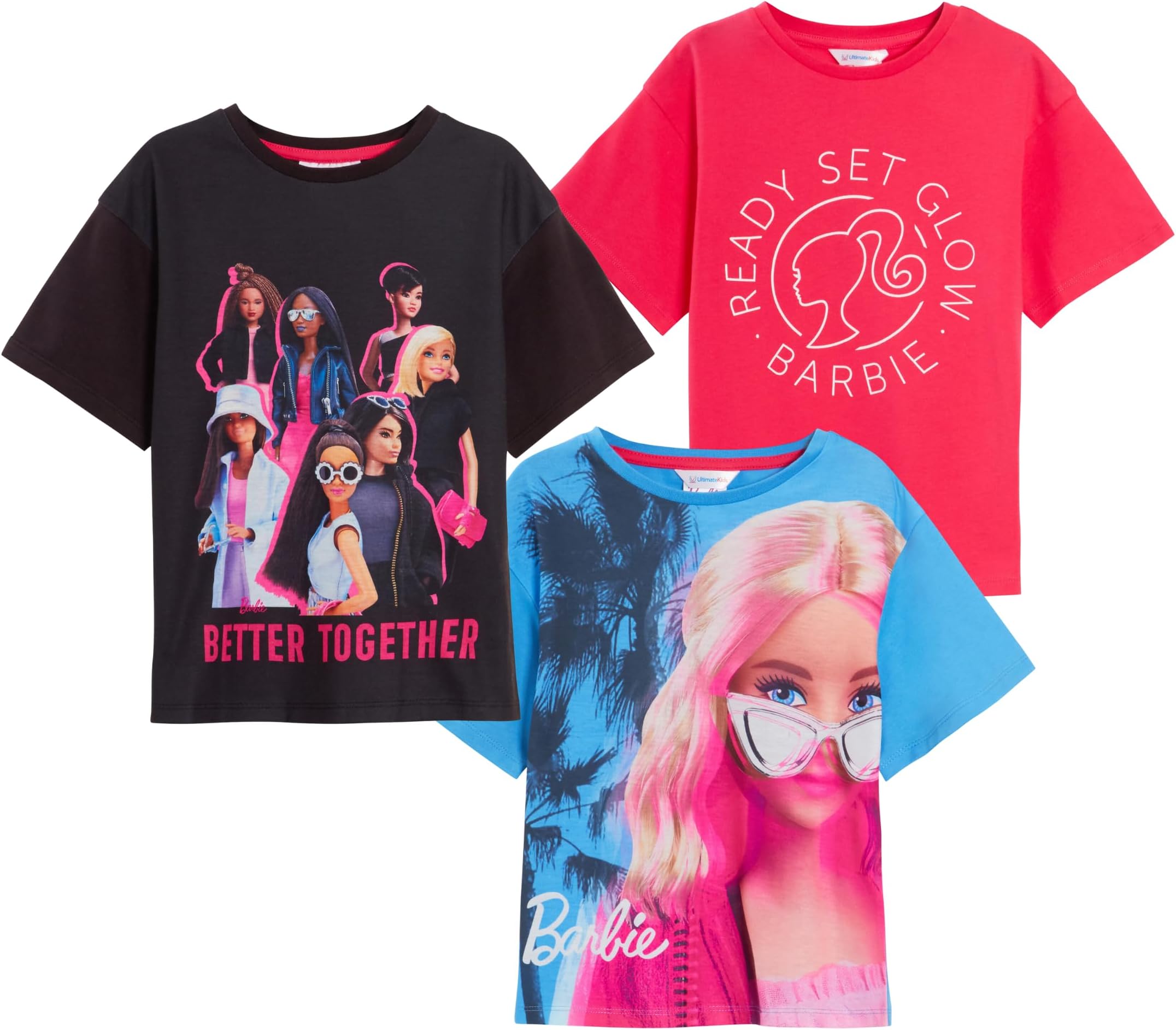 BarbieGirls 3 Pack T-Shirts Kids Cotton Tees Official Fashion Doll T-Shirt Top with Drop Sleeves