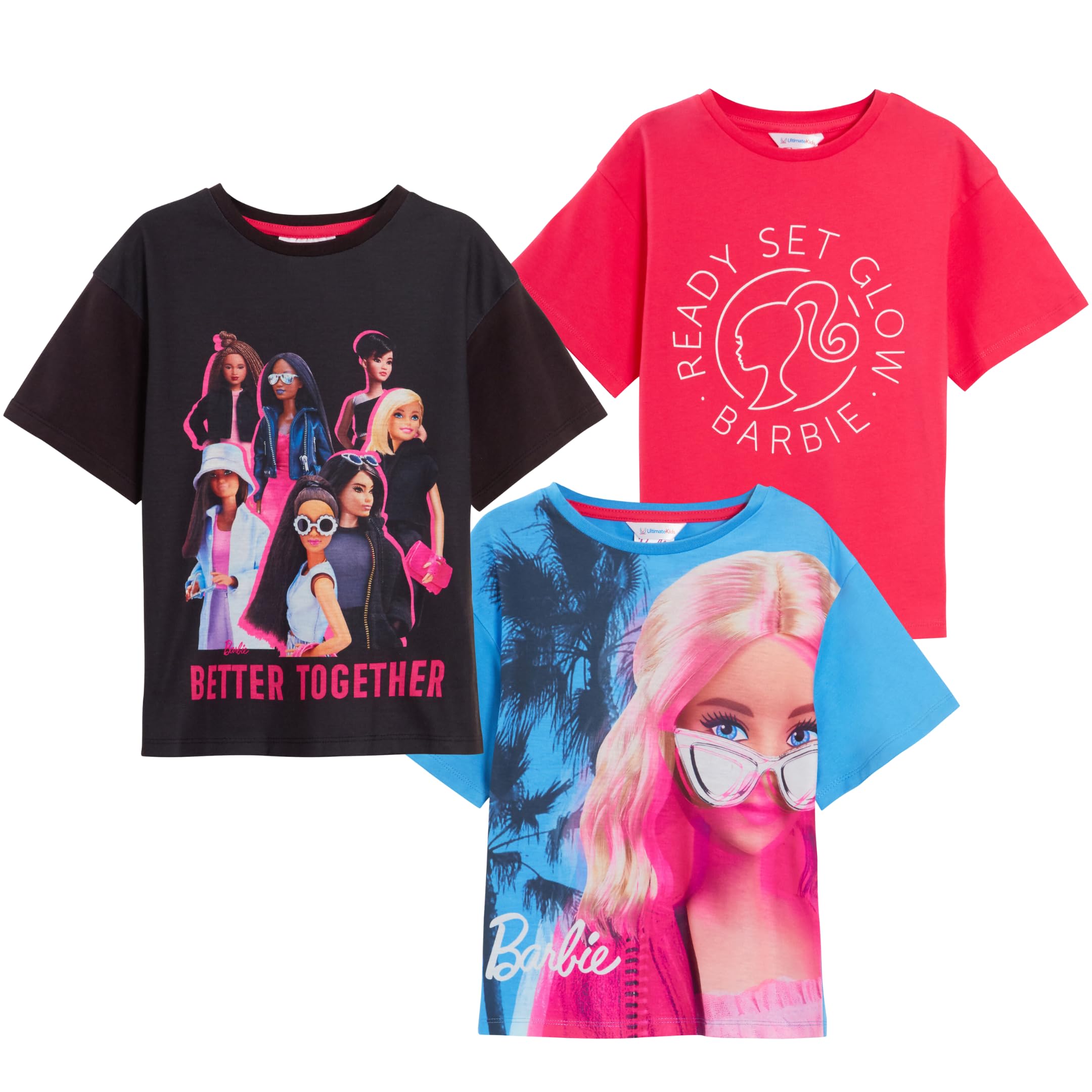 BarbieGirls 3 Pack T-Shirts Kids Cotton Tees Official Fashion Doll T-Shirt Top with Drop Sleeves