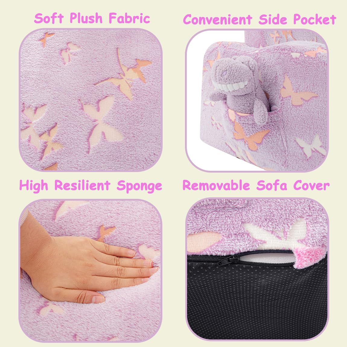 Silla para niños pequeños, sofá plegable 2 en 1, sillas convertibles para niños pequeños, cómodo sofá a tumbona con función que brilla en la oscuridad, suave para niñas y niños, mariposa 7