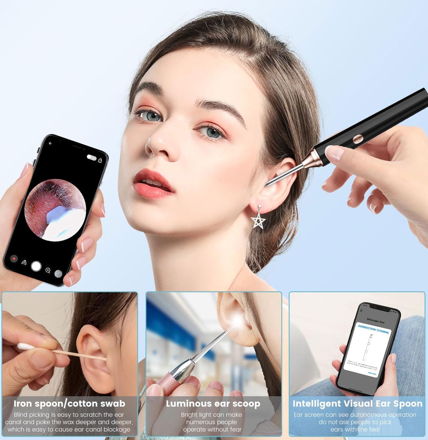 Otoscopio Rimozione di Cerume con Telecamera 1080P Impermeabile Endoscopio con 6 Luci LED Pulisci Orecchie per iPhone iPad e Android Nero