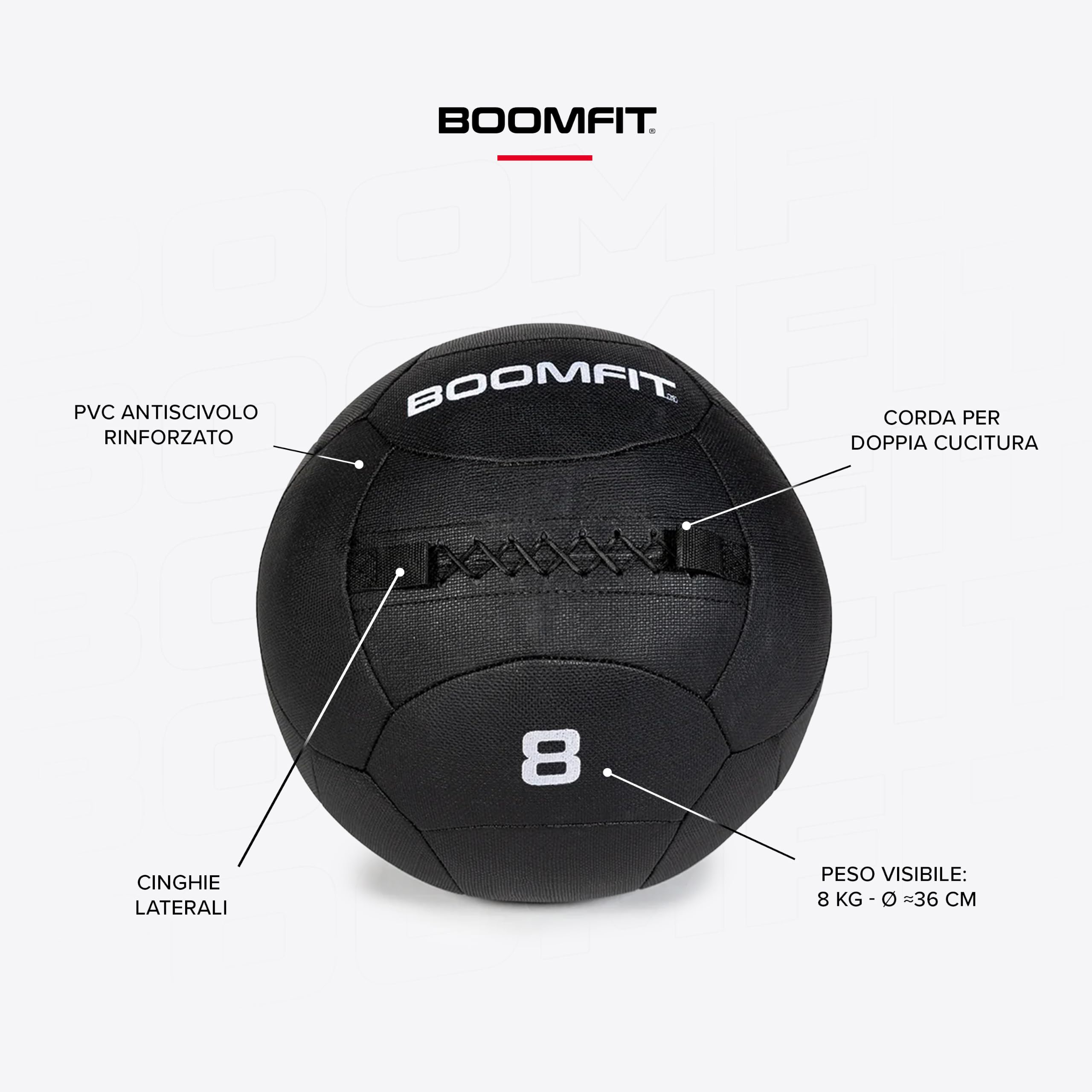 BOOMFIT Wall Ball Pro Black Edition | Palla Medica Crossfit & Hyrox | PVC antiscivolo, doppia cucitura a cordino e riempimento sigillato. Fettucce per appendere. Gamma da 2 a 12 kg, box e casa
