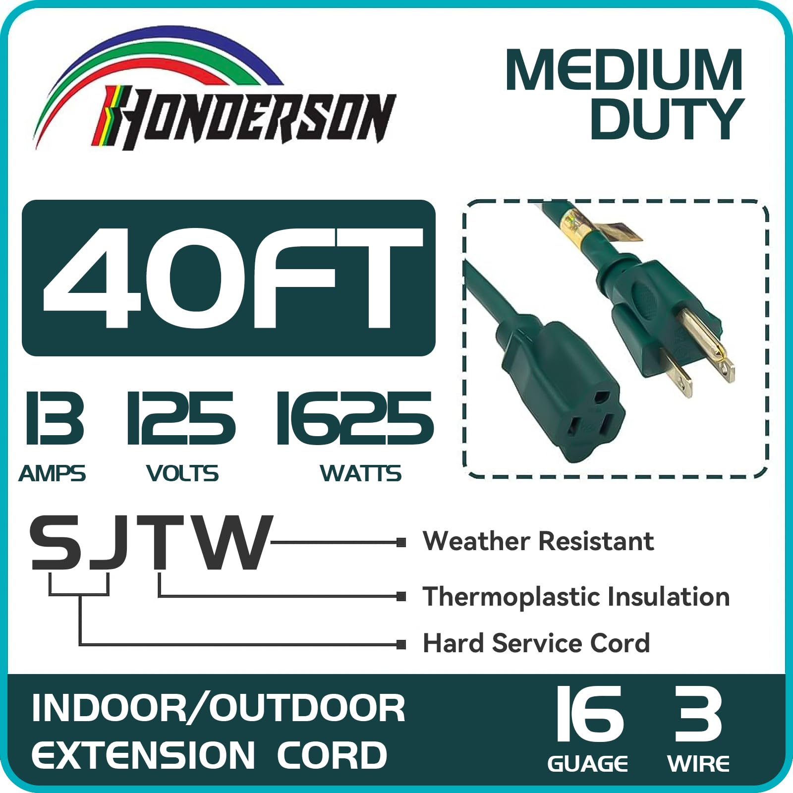 40FT Outdoor Extension Cord-16/3 SJTW Durable Green Extension Cable with 3 Prong Grounded Plug for Safety,Great for Outside Christmas Decorations