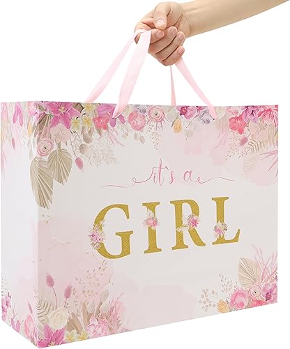 Miniatura 6 de Juego de bolsas de regalo extra grandes de 16.5 pulgadas con asas, tarjeta de felicitación, papel de seda rosa y calcomanías para niñas y niños para