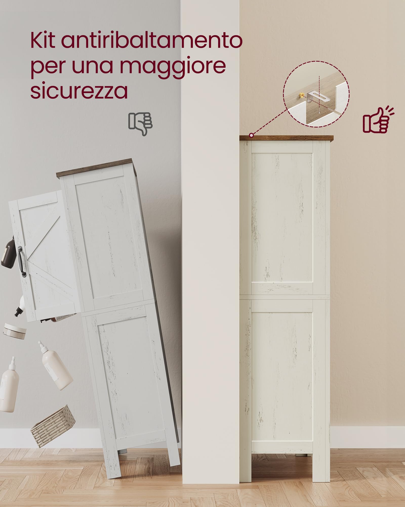 VASAGLE Collezione LIRY - Mobile da Bagno in Stile Farmhouse, Mobiletto con Ante in Stile Fienile, Credenza Cucina, Ripiani Regolabili, Sala da Pranzo Soggiorno, Bianco Vintage BBK773W01