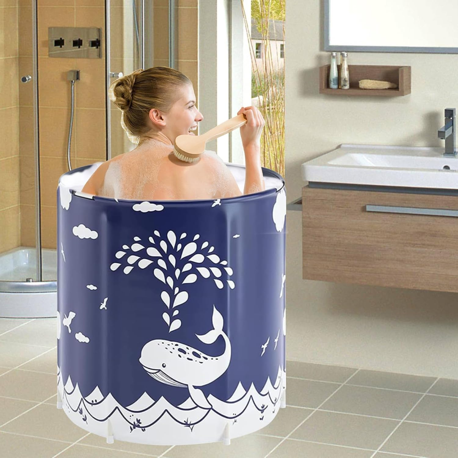 PLKO Foldable Bathtub Portable Soaking Bath Tub,Portable tub for adults,Collapsible Soaking Bath Tub for Shower Stall,Thickening with Thermal Foam to Keep Temperature(Blue Whale)