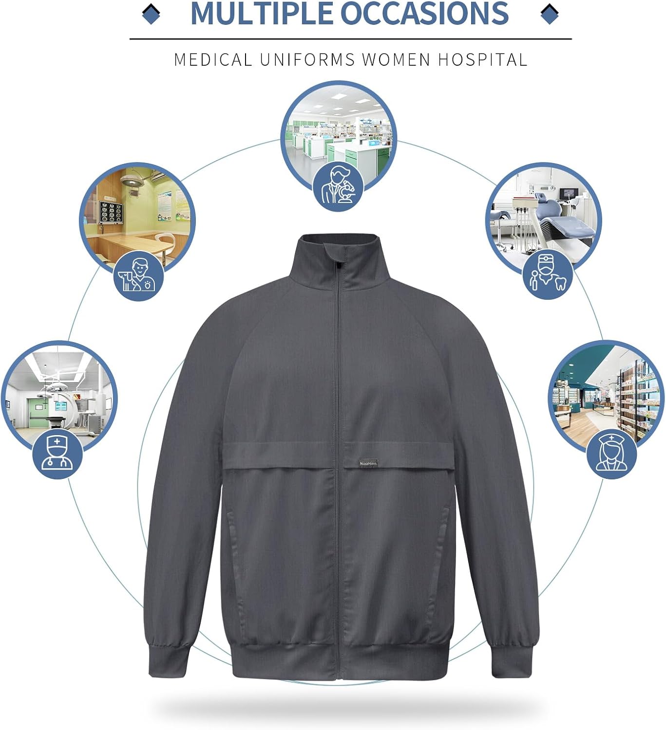 VIAOLI Scrub Jackets for Women Long Sleeve Zip Front Coat Side Pocket Soft Stretch Nurse Jacket Lapel Track Jacket