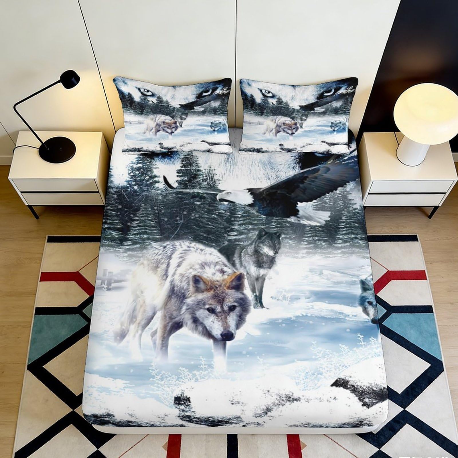 3D Printed Wolf Forest Fitted Sheet Microfiber Soft Breathable Mountain Lake Mattress Cover for Bedroom Dorm Decor 90x200x25cm