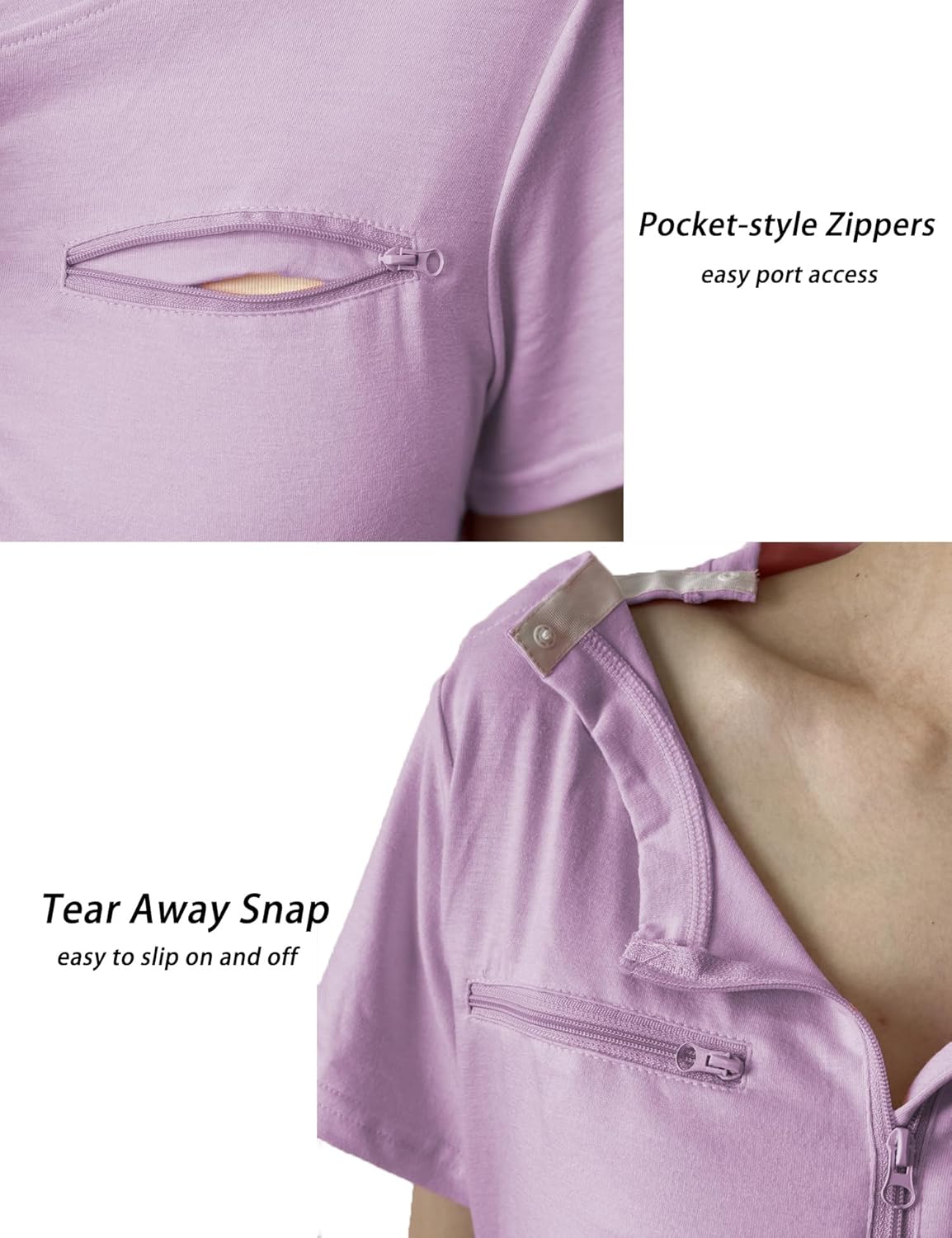 Youdiao Chemo Port Shirts for Women Short Sleeve Post-Surgery Recovery with 2 Side Snaps Dual Zipper Dialysis Cancer Clothing - Image 5